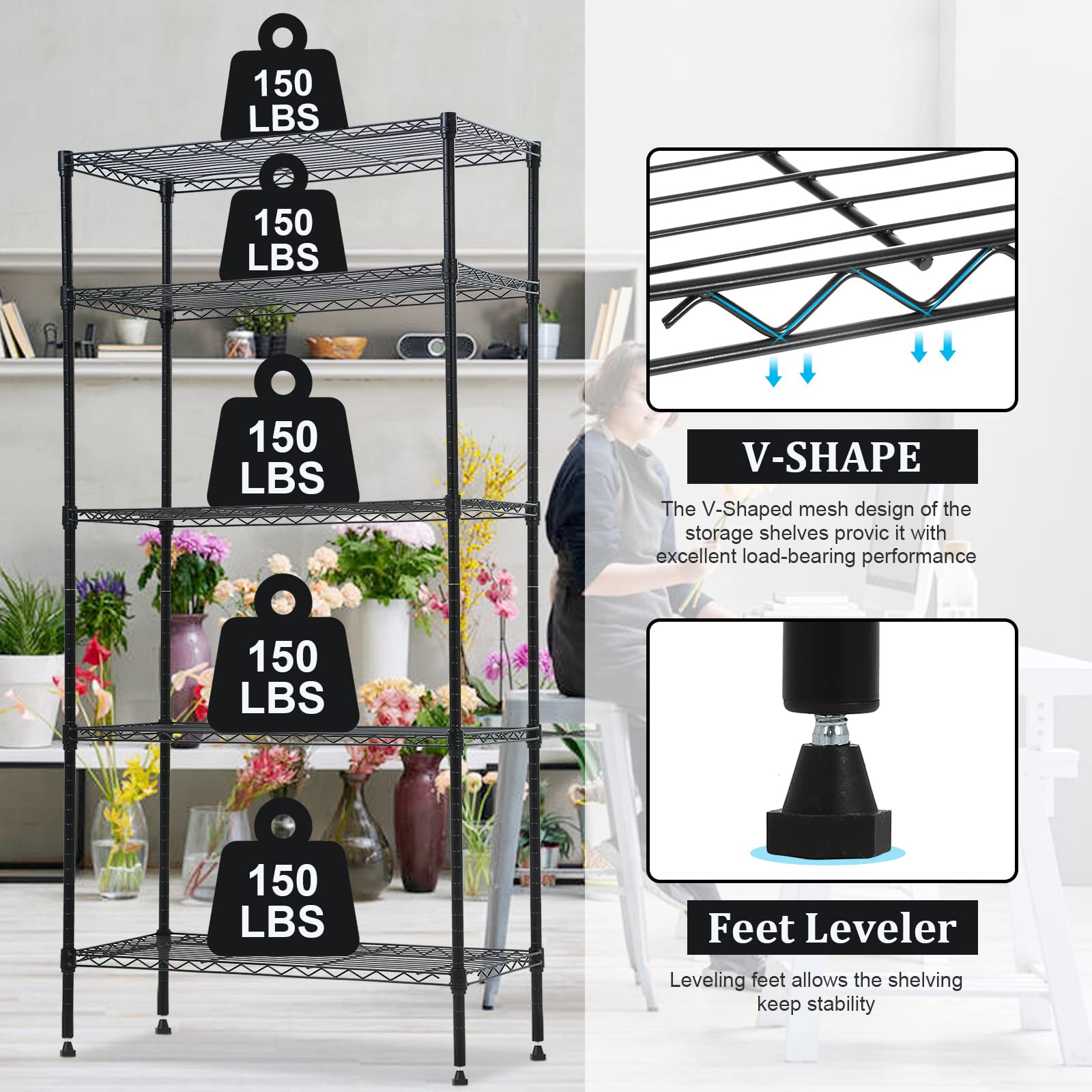 Storage Metal Shelf 5 Tier Heavy Duty Shelves Organizer Metal Wire Rack NSF Wire Shelving Unit Storage Shelves for Garage Pantry Closet Kitchen Office Laundry, 14