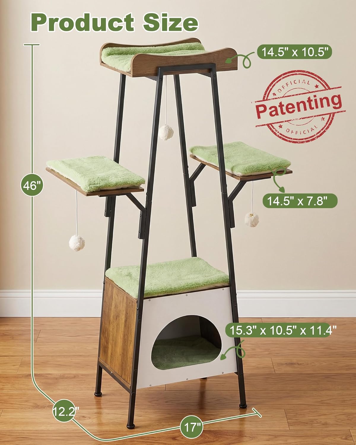 46-Inch Modern Cat Tree Tower for Large Cats, Multi-Level Cat Tower with Playful Toy Balls, Large Perch, Cat Condo, Removable Pads, Green
