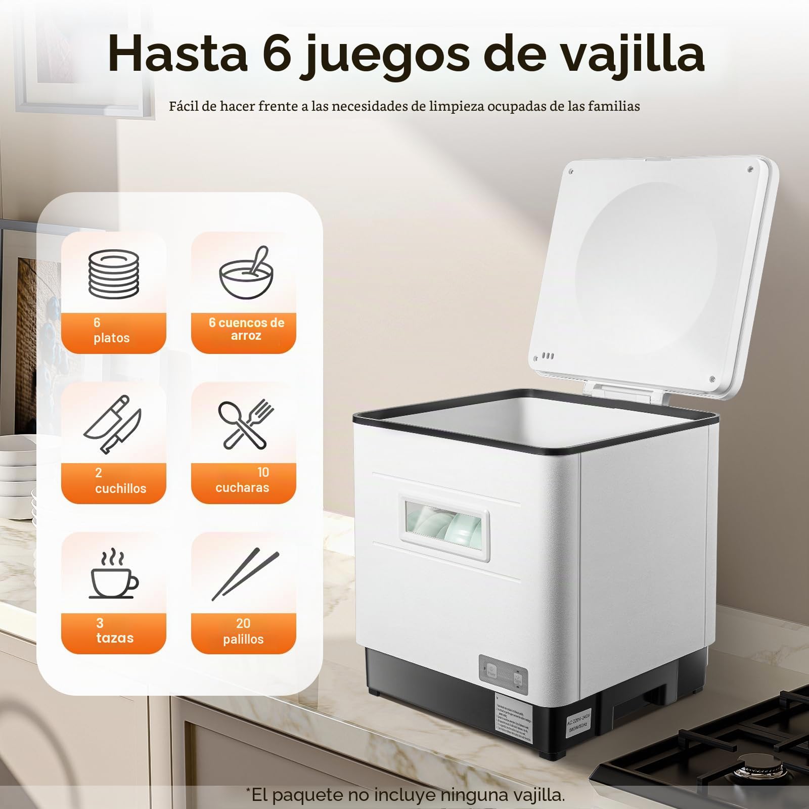 Mini Lavavajillas Acero Inoxidable 800W 220V para Cocina Pequeña, Blanco