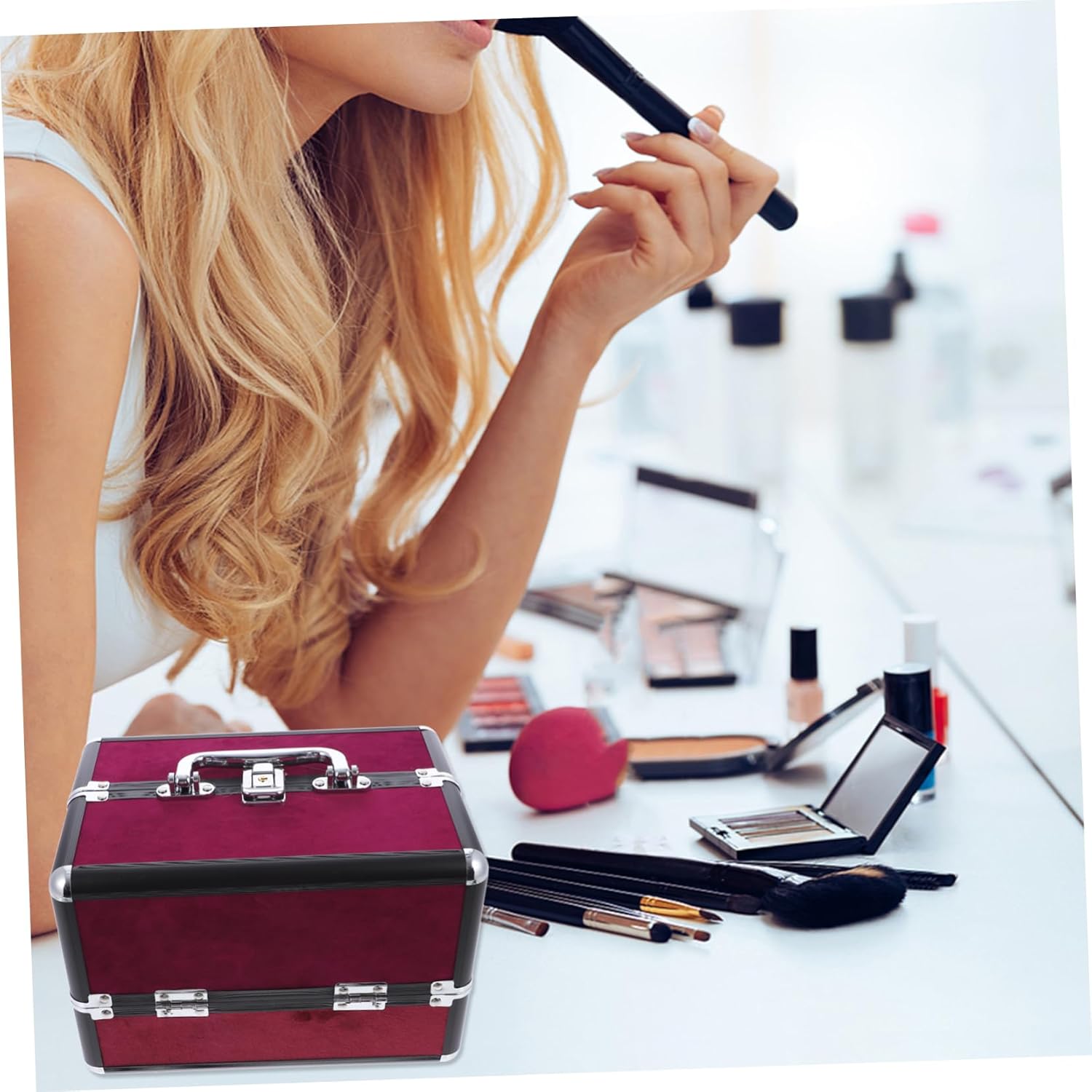 1pc Multi Purpose Makeup Case Lightweight Aluminum Cosmetic Storage Box for Travel Organizer for Makeup Tools for Business Trips Events Burgundy with Black Trim