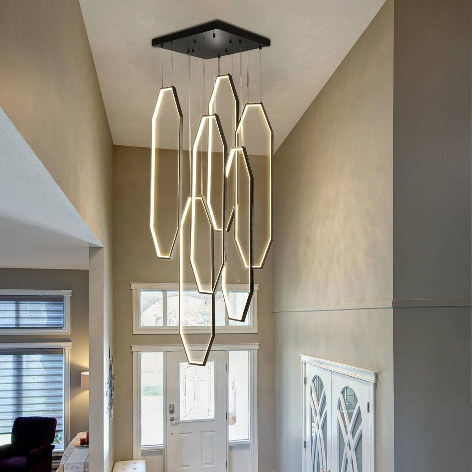 Modern Staircase Chandelier LED 6-Rings Foyer Chandeliers for High Ceilings Black Large Chandeliers Remote Control 3000K-6000K Dimmable Pendant Light for Living Room Staircase Entryway