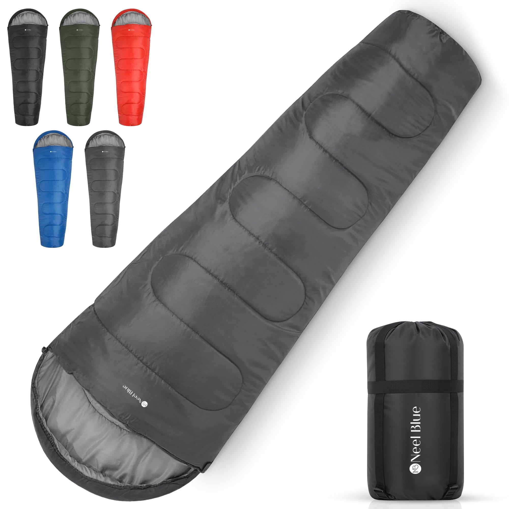 WedDecor All-Season Mummy Sleeping Bag for Camping Grey – Insulated, Water-Proof & Portable – Hooded Sleeping Bag for Adults – 220cm x 85cm – Ideal for Hiking & Backpacking