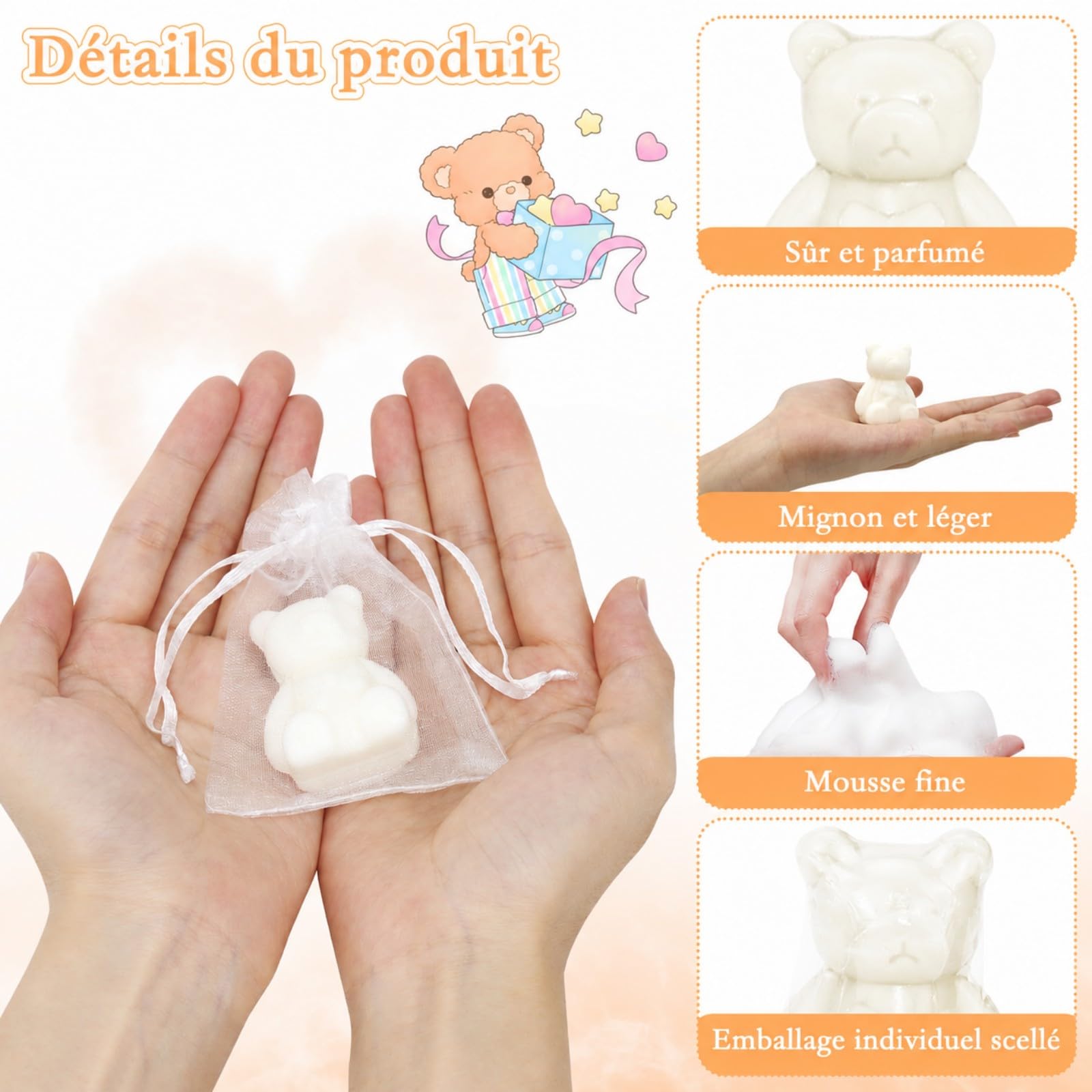 Lot de 50 Savons Ourson pour Baby Shower - Cadeau Invité Naissance, Baptême, Gender Reveal - Mini Savons en Forme d'Ours Blanc Parfumés avec Cartes de Remerciement et Sachets