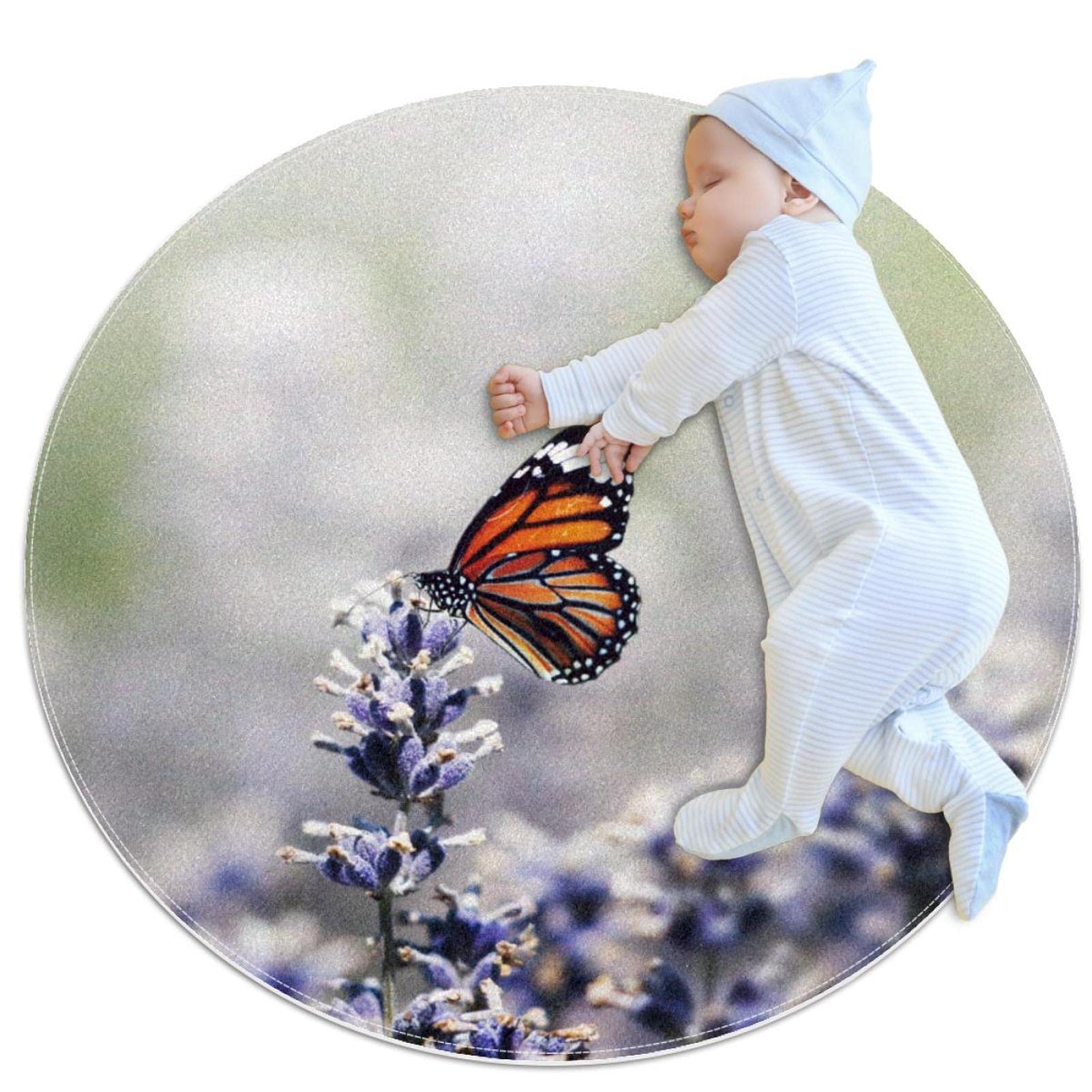 Alfombra redonda infantil alfombra de área de juego para niños y niñas con diseño de mariposa