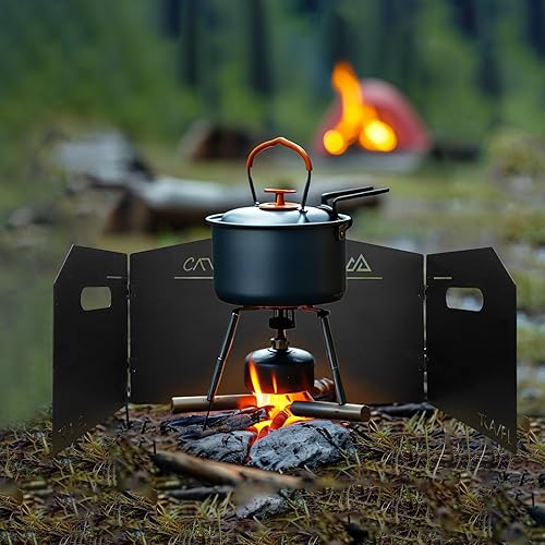 Miniatura 8 de Estufa de camping de 4 placas de metal bloqueador de viento plegable para estufa con bolsa de almacenamiento, pantalla de viento para acampar al