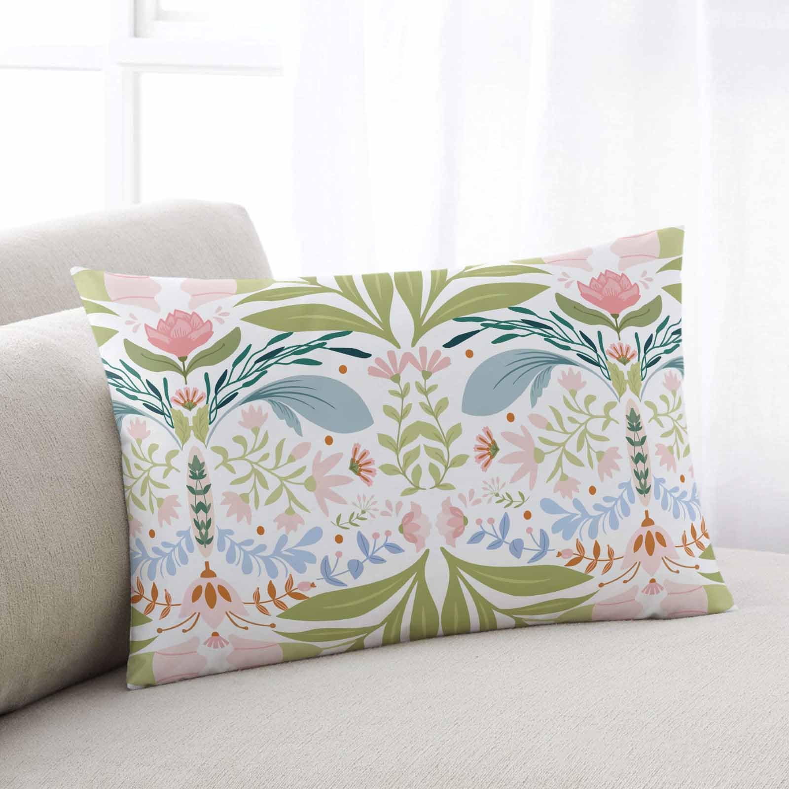 AOFANGGO Floral Pillow Cover 12x20 - Sage Green Pink Yellow, Block Print, Grandmillennial Farmhouse Style - View #5