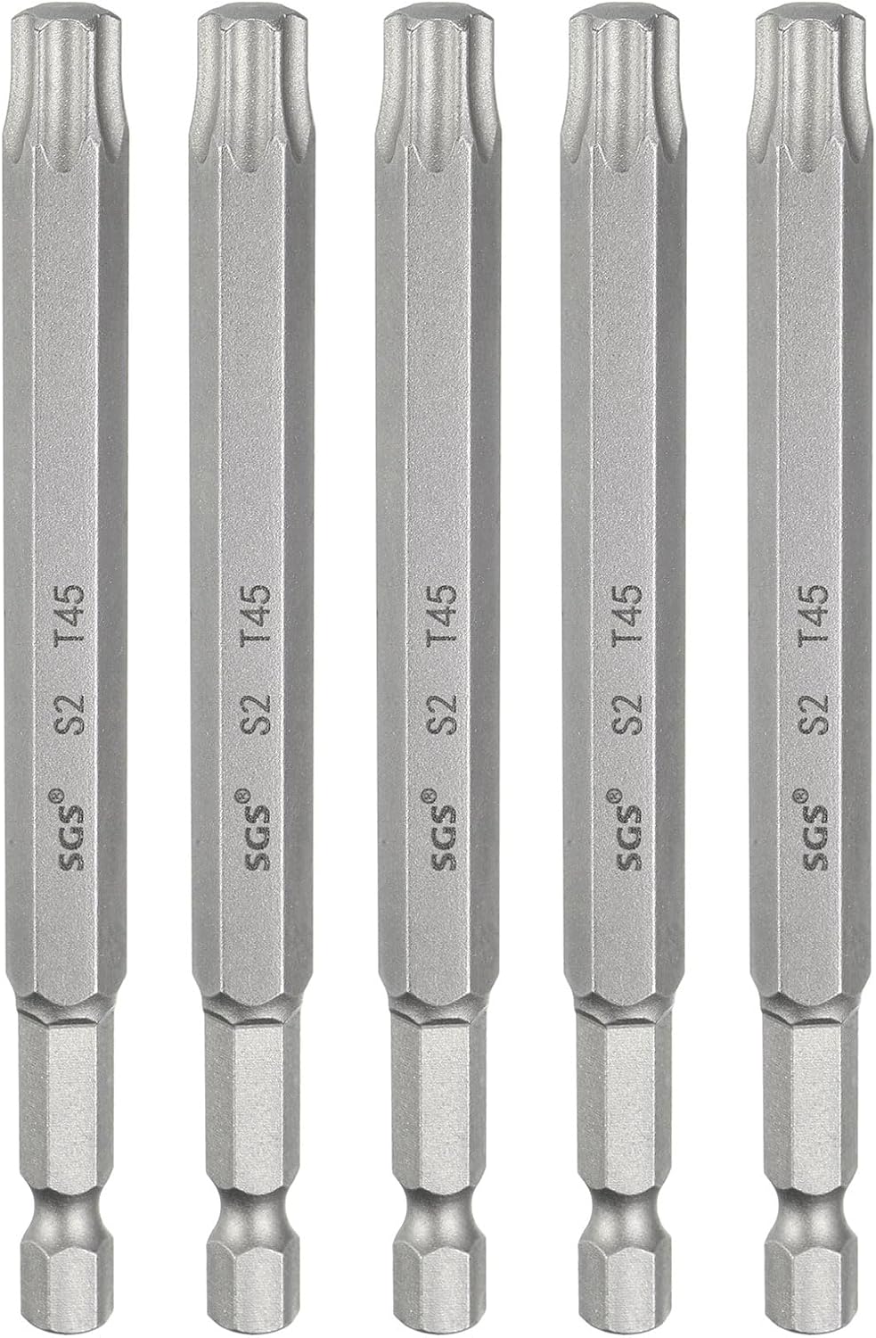 HARFINGTON 5pcs T45 Torx Head Screwdriver Bit 1/4" Hex Shank 4" (100mm) Long Magnetic No Hole Tip Tamper Proof 6 Point Star Screw Driver Drill Bits S2 Steel Industrial Power Screwdrivers