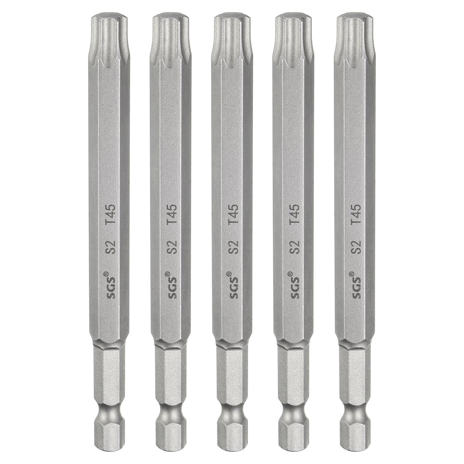 sourcing map 5pcs T45 Torx Head Screwdriver Bit 1/4" Hex Shank 4" (100mm) Long Magnetic No Hole Tip Tamper Proof 6 Point Star Screw Driver Drill Bits S2 Steel Industrial Power Screwdrivers