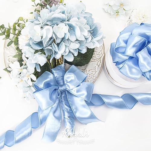 Miniatura 3 de Ribbli Cinta de satén azul con alambre de 1.5 pulgadas, cinta de Navidad azul polvoriento claro para envolver regalos, coronas, guirnaldas,