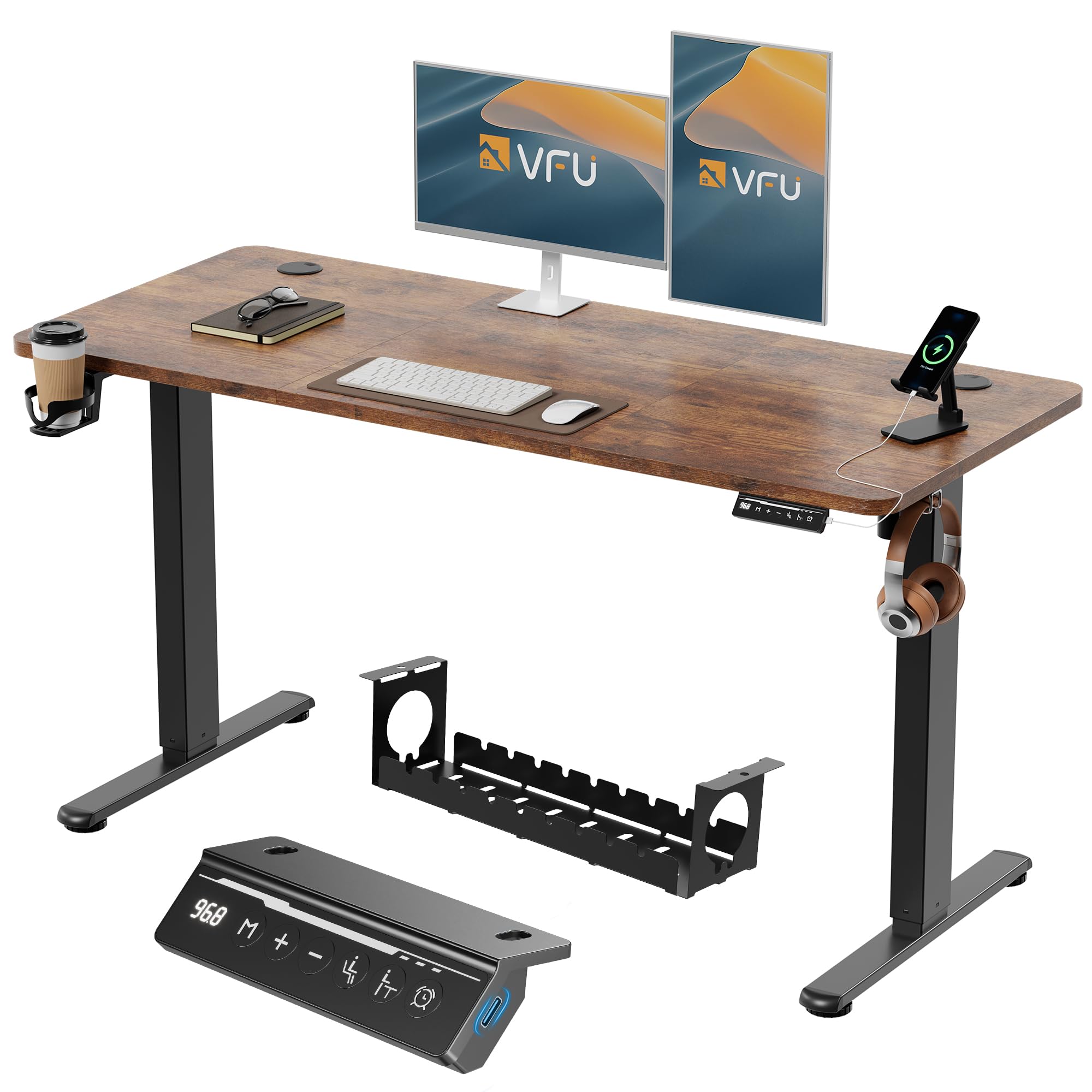 VFU Höhenverstellbarer Schreibtisch 140 x 60 cm mit USB-C Ladeanschluss, Schreibtisch Höhenverstellbar Elektrisch mit Memory Funktion, Steh-Sitz Tisch, Computertisch für Büro, Standing Desk, Braun Pro