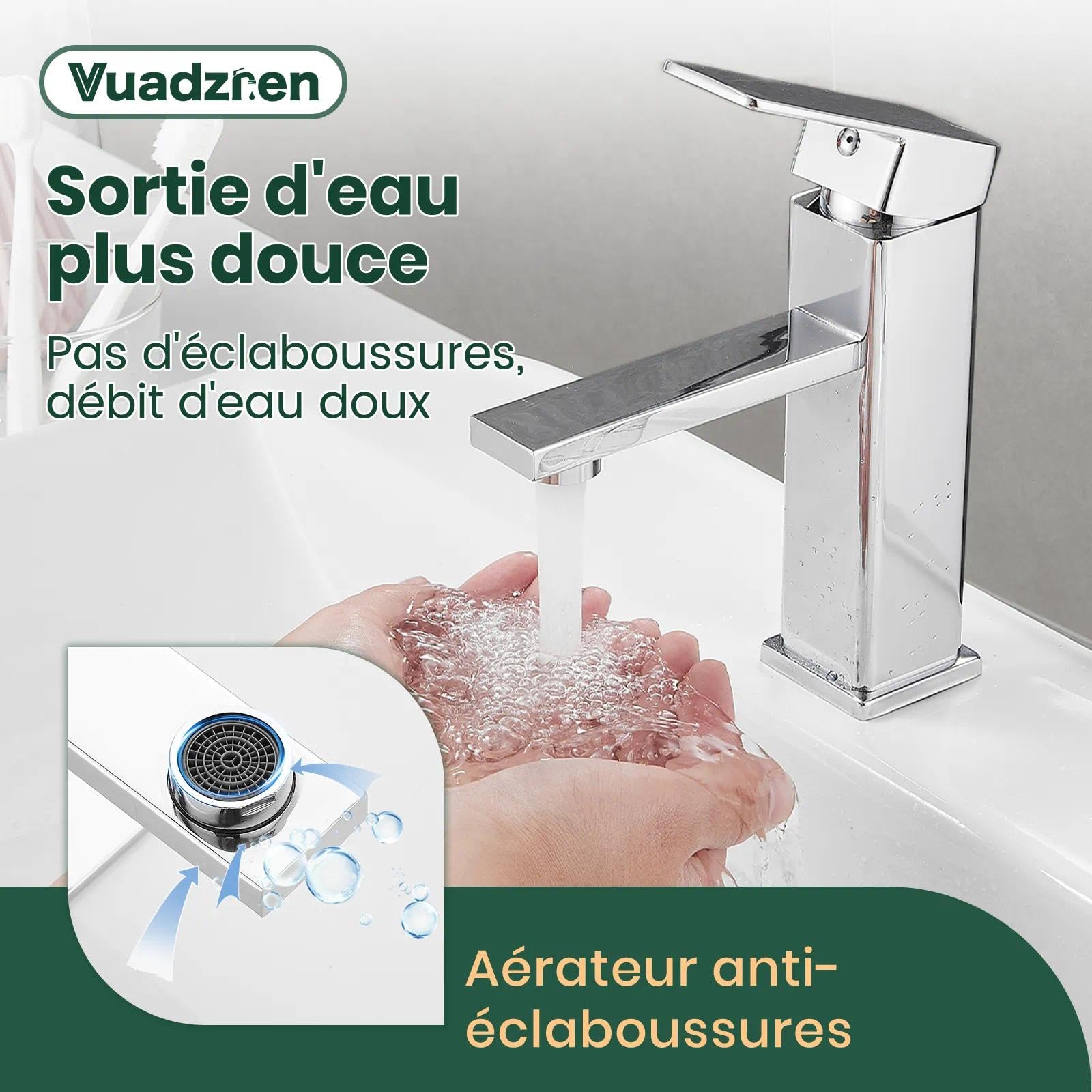 Mitigeur de lavabo à un trou, forme carrée, chorm, monocommande avec cartouche céramique, en acier inoxydable（2,chorm,avec groupe de vidage)