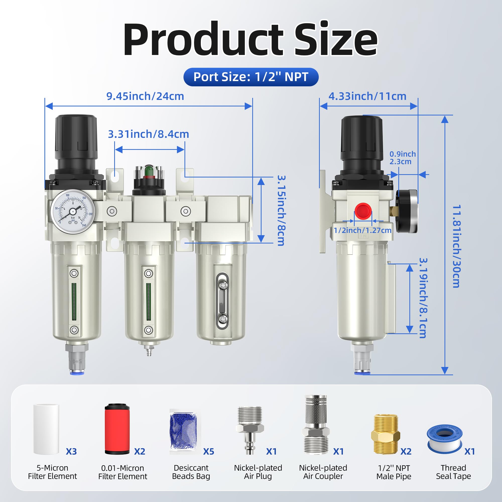 Joinfworld 1/2" NPT separator wody do sprężarek – przemysłowy 3-stopniowy system suszenia powietrza z regulatorem ciśnienia 0-240 psi, filtrem cząstek stałych, filtrem koalescencyjnym, suszarką