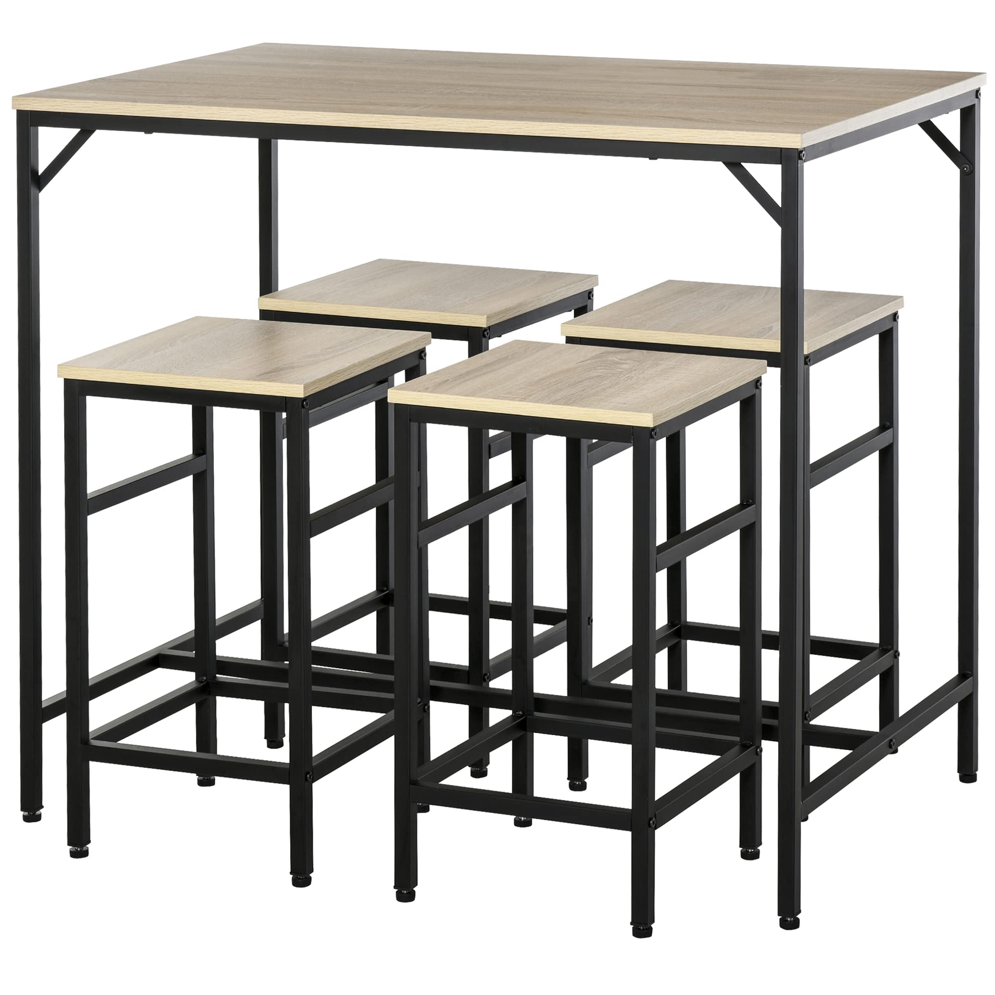 HOMCOM Bar Tisch und 4 Hocker Set 5 Stück mit Fußstützen Hohe Möbel Set mit Tisch 100x60x88 cm und Hocker 32x32x57 cm für Esszimmer Küche Schwarz & Eiche
