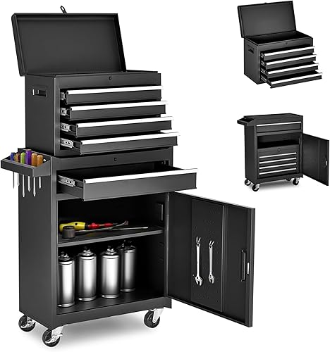 Carrito de herramientas de metal con 5 cajones con 1 gabinete, organizador de herramientas multifuncionales con caja de herramientas superior 5