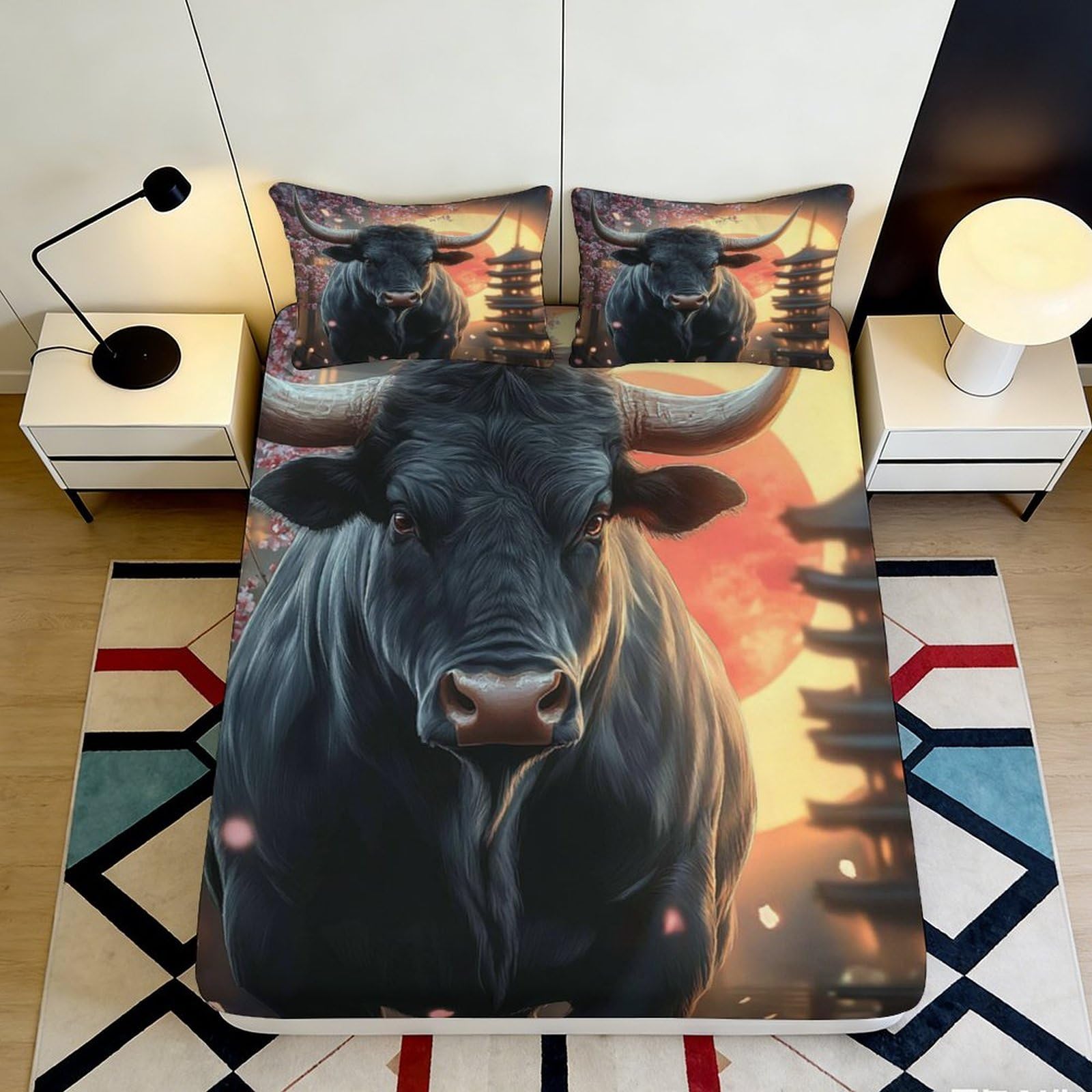 3D Printed Bull Design Fitted Sheet Microfiber Soft Breathable Sunset Pagoda Bed Cover for Bedroom Dormitory Guest Room Mattress Protection 160x200x25cm