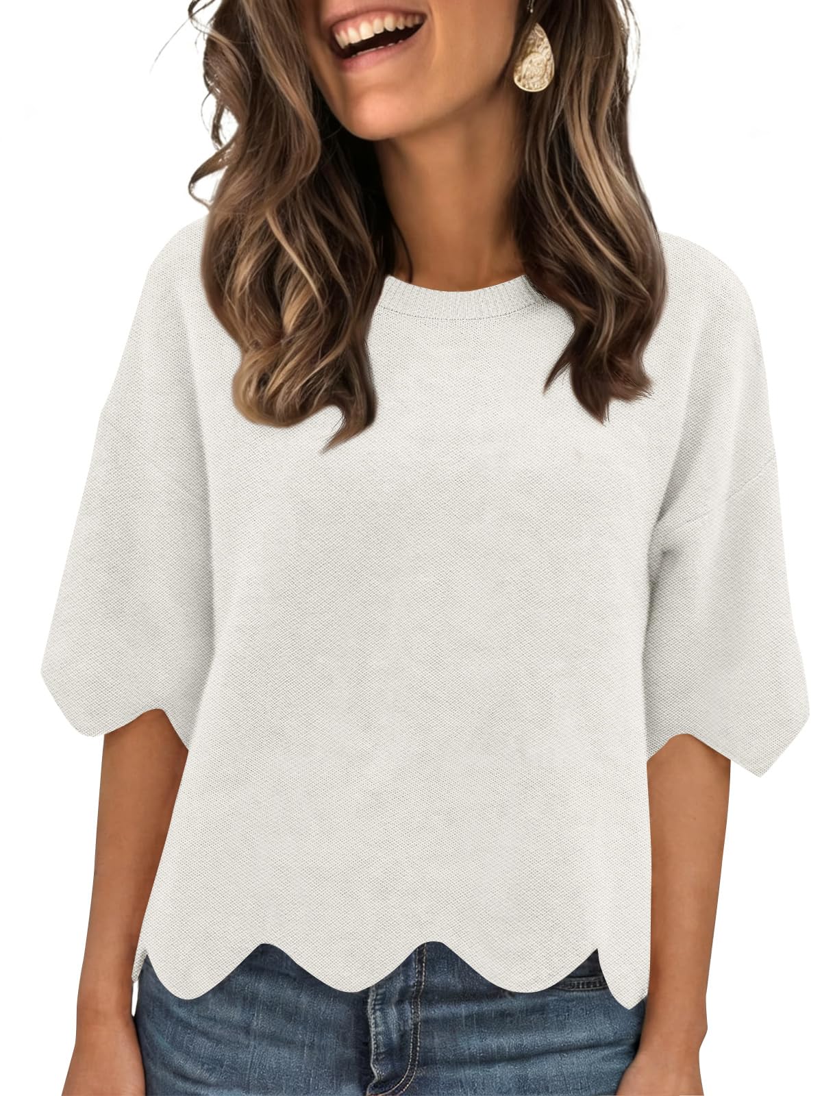 Womens Short Sleeve Sweater Summer Scalloped Oversized Cropped Sweaters Lightweight Crewneck Knit Pullover Top