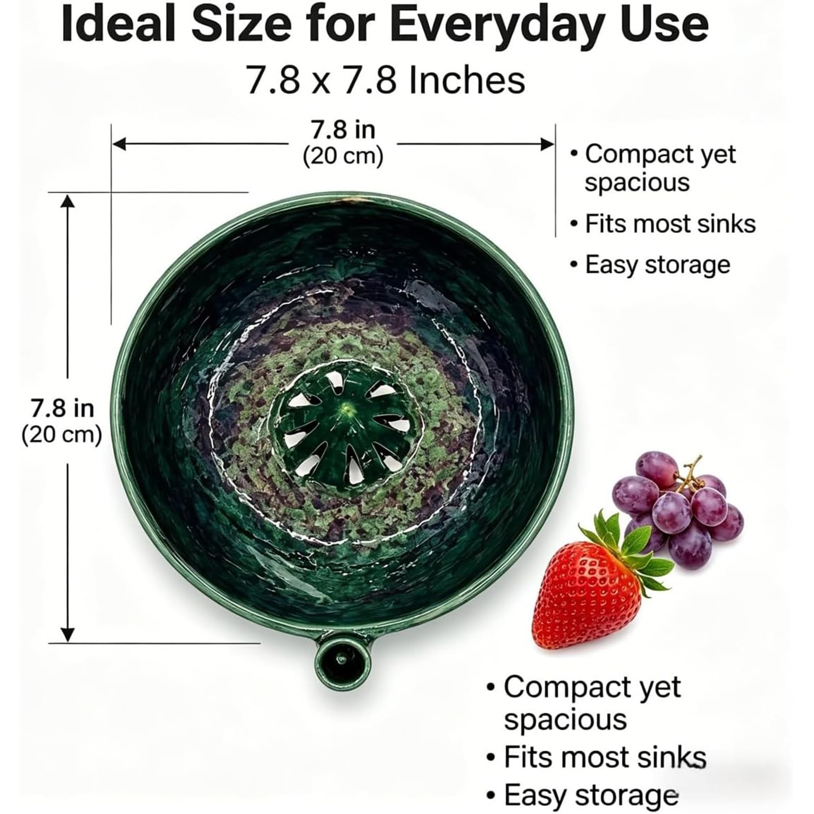 Berry Bowl, Self Spinning Berry Washing Bowl, Ceramic Fruit Washer Colander with Drain Holes, 360° Vortex Cleaning for Berries & Vegetables (1ps)