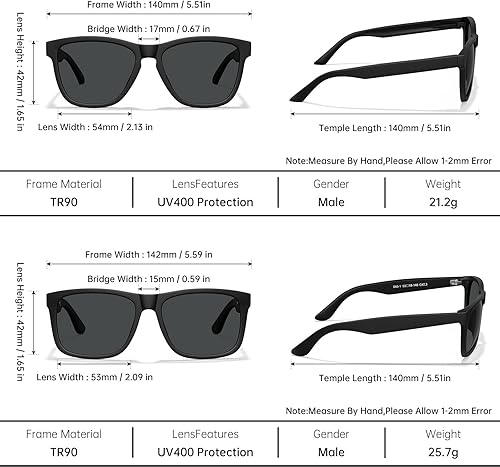 Miniatura 4 de STGATN Lentes de sol polarizados cuadrados para hombre, 2 paquetes en 2 estilos, marcos TR90 mate, protección UV400, antideslizantes
