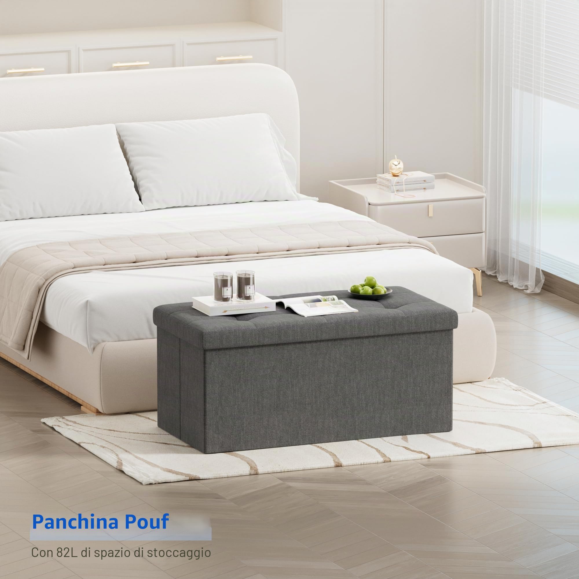 BRIAN & DANY Pouf Puff Pieghevole Stoccaggio Ottomano Poggiapiedi Sgabello Contenitore Cassapanca Pieghevole, Grigio Scuro - Tessuto Come Lino, 76 x 38 x 38 cm