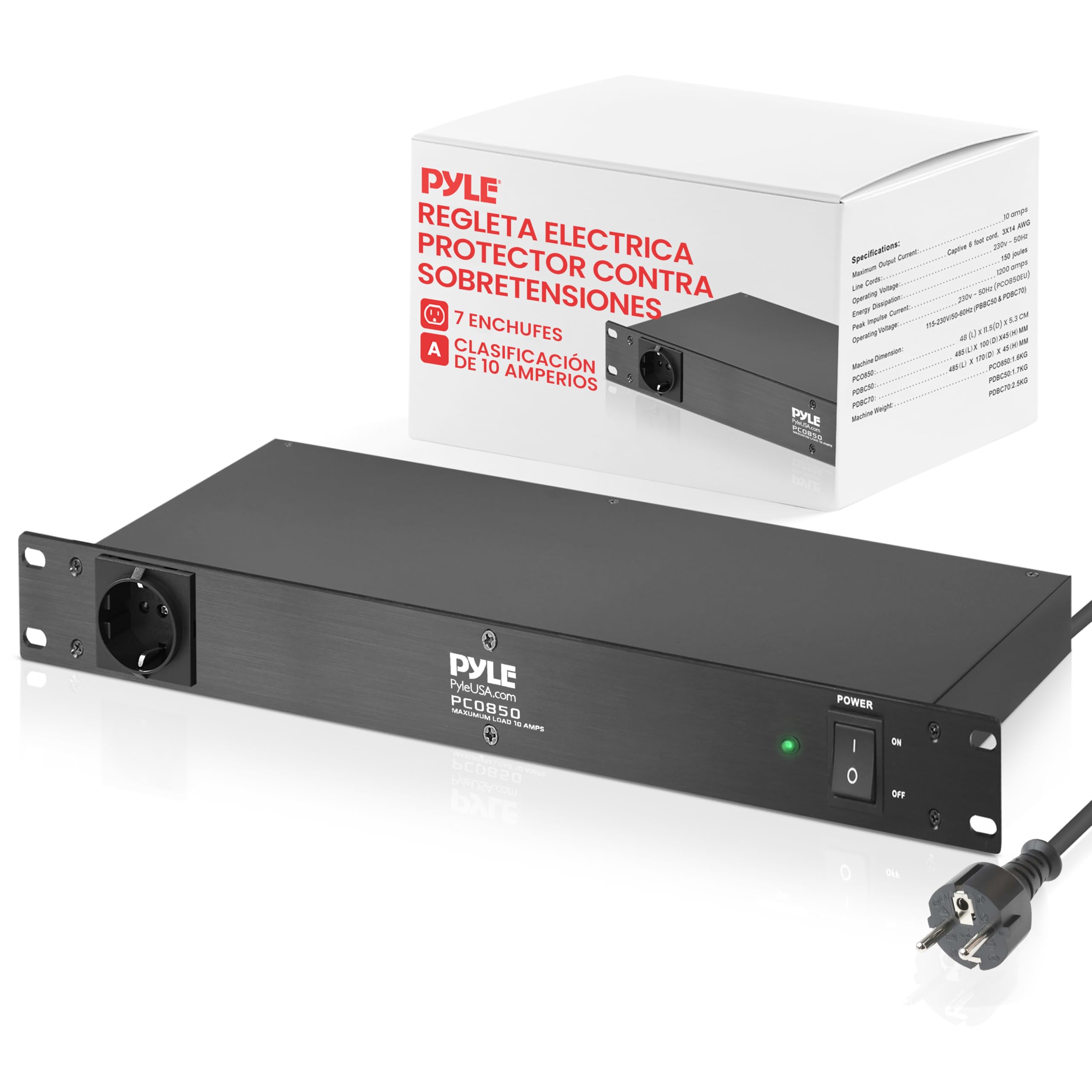 Pyle PDU Power Strip Protector, 150 Julios, 15 amp, 7 Salidas, Regleta de Cable de Extension electrica, Resistente, 1U, Proteccion de Montaje en Rack, Tira de tomacorriente