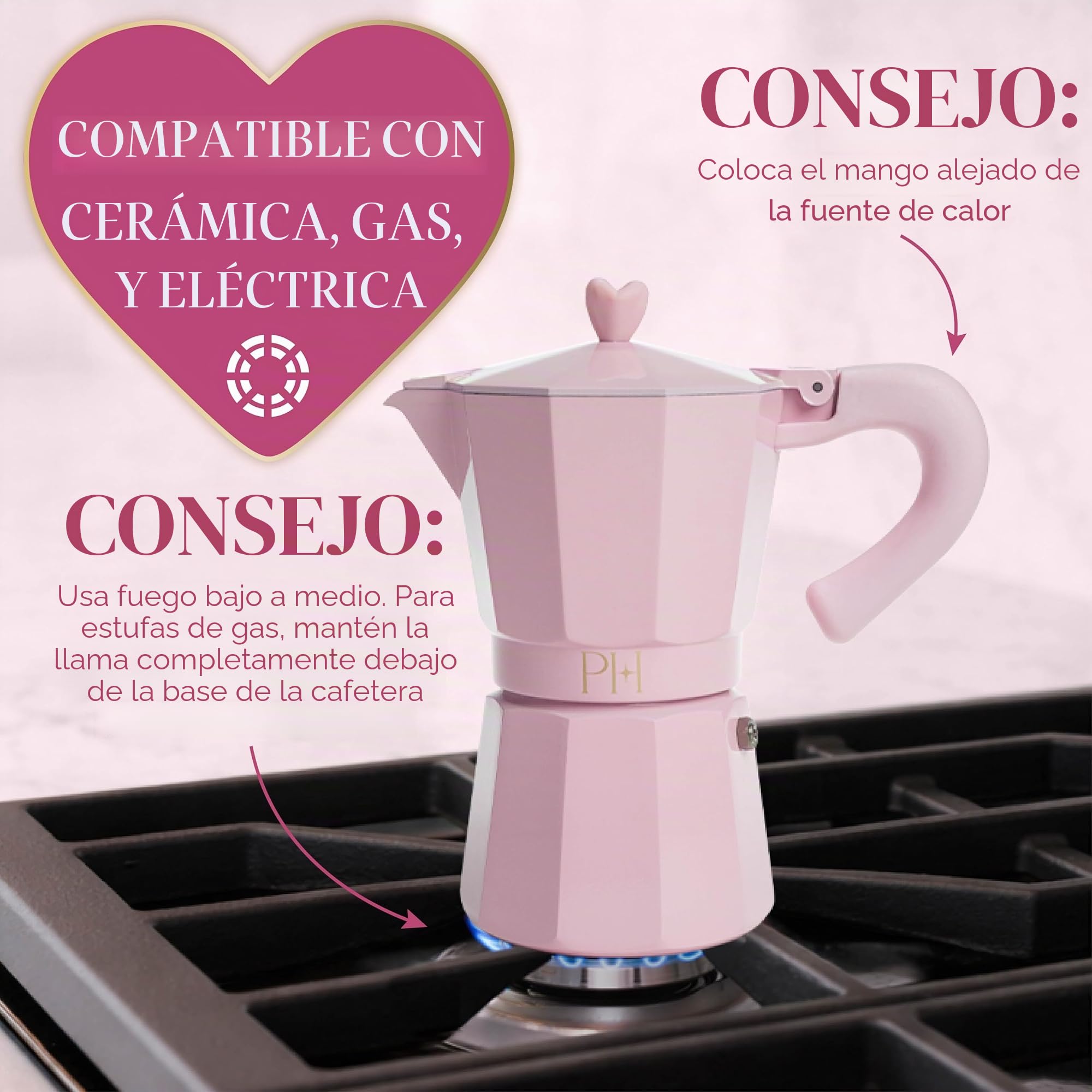 Paris Hilton Cafetera espresso y cafetera estilo italiano y cubano con perilla icónica de corazón, perfecta para expreso aromático rico, hace hasta 6 tazas de espresso, color rosa