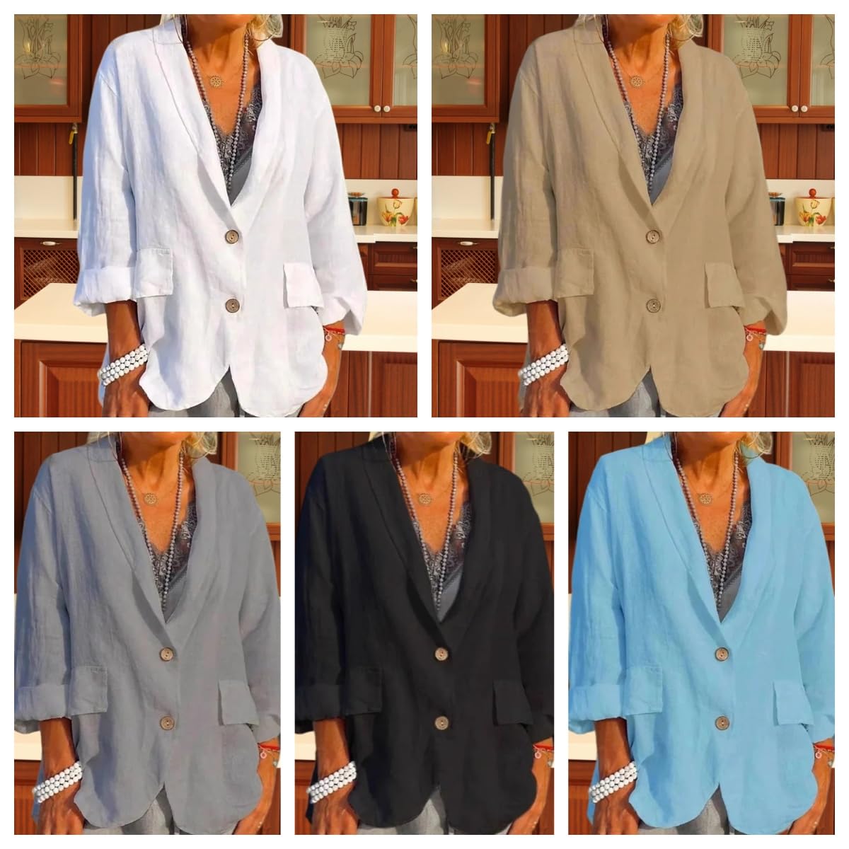 Blazer Mujer - Blazer De Algodón Y Lino para Mujer Tallas Grandes Primavera Verano Manga Larga Solapa Chaquetas De Traje Ligeras Blazers De 2 Botones Chaquetas De Camisa Casuales De Negocios para M