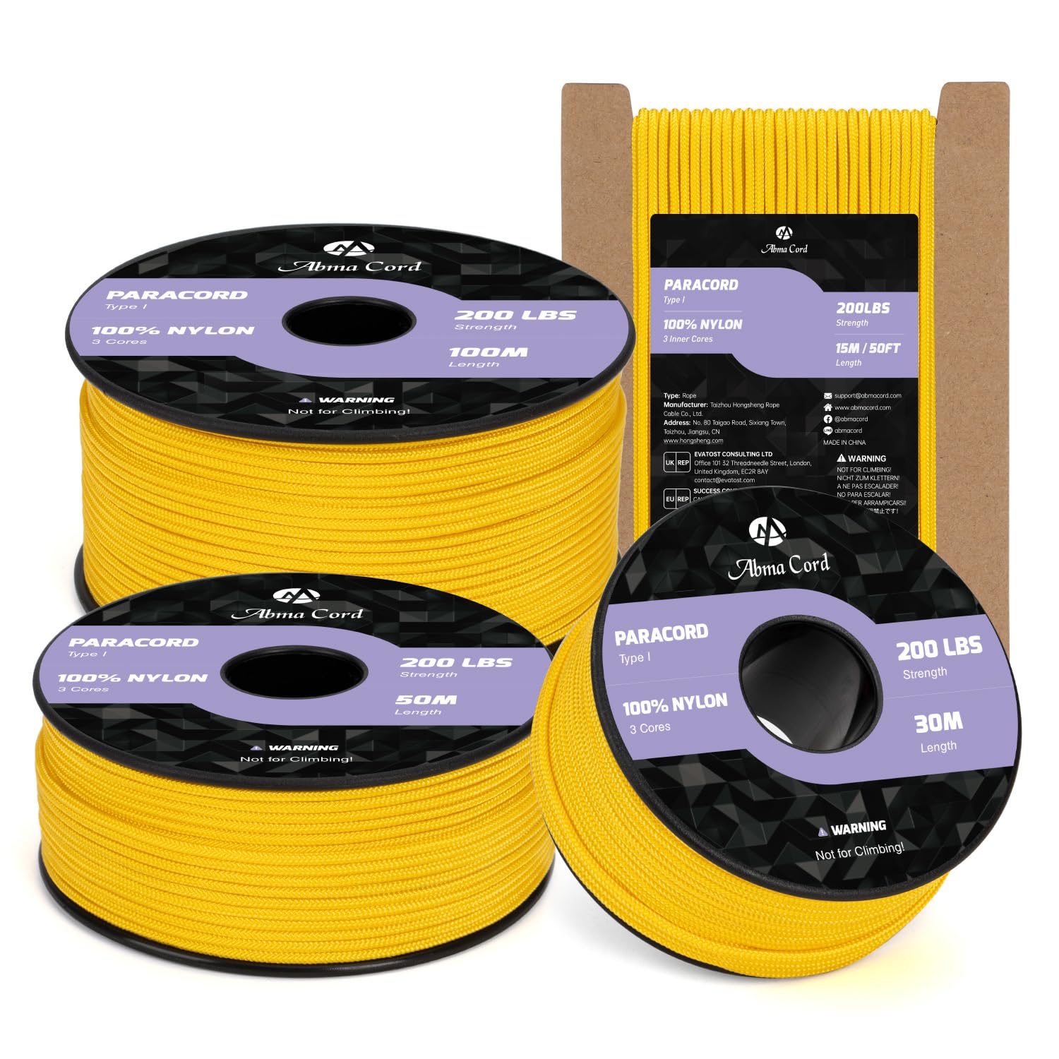 Abma Cord 2mm Paracord 15m Nylon Rope 3 Strands Type I Cord for DIY, Camping, Outdoor - Max. 90kg (200lbs) - Golden Yellow