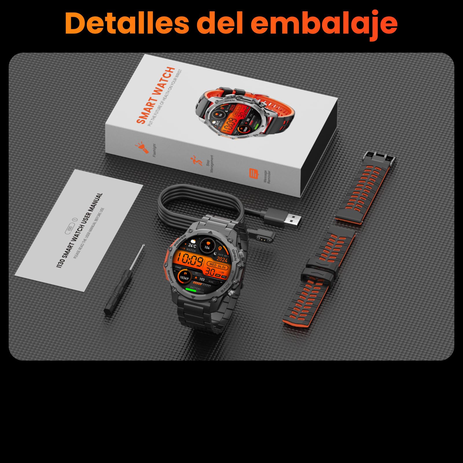 Reloj Inteligente Hombre con Linterna, 1.52" HD Smartwatch Militar con 500 mAh Batería(7-20 días), Relojes Inteligentes Hombre con 110+ Deportivos/Monitor Sueño/Pulsómetro/SpO2 para iOS Android