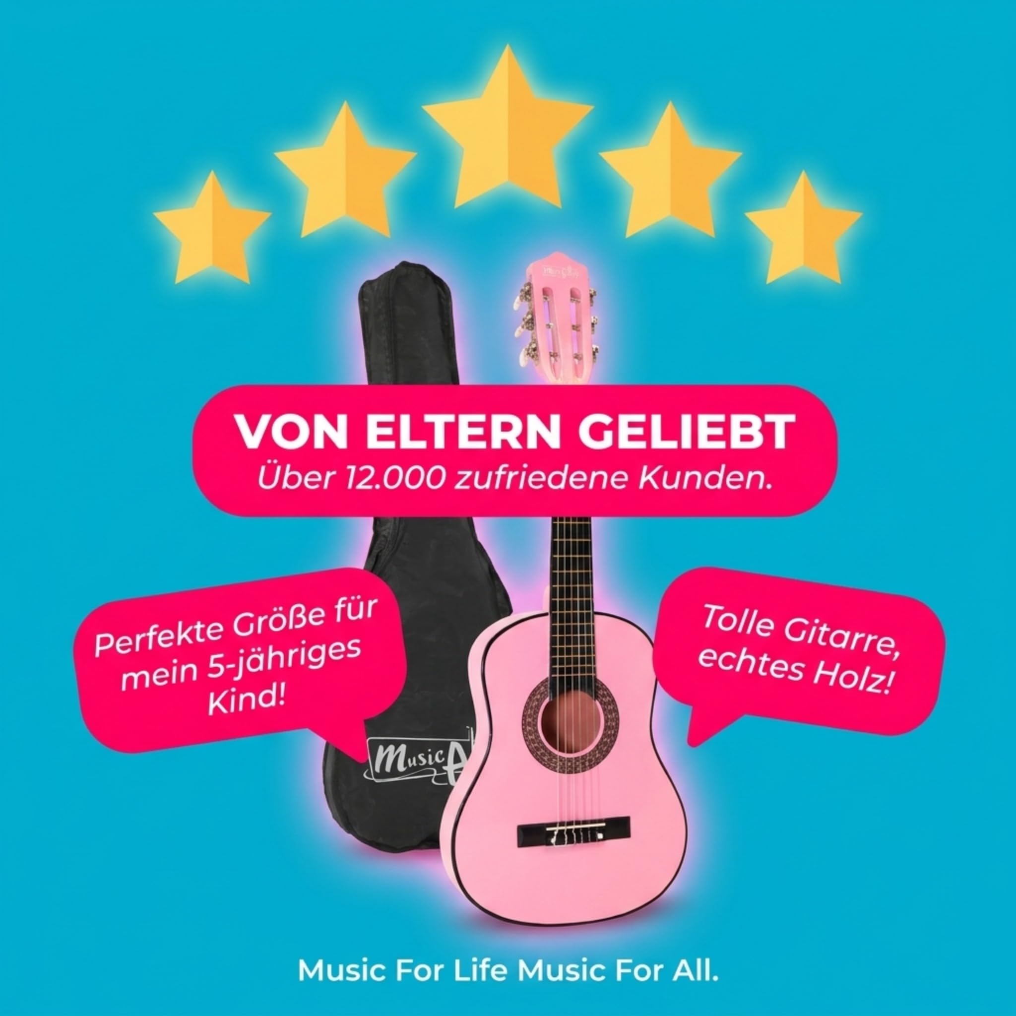 Music Alley MA-51 30 Zoll Junior Klassikgitarre für Kinder, Akustikgitarre mit Nylonsaiten, Tragetasche und Online-Unterricht, Rosa