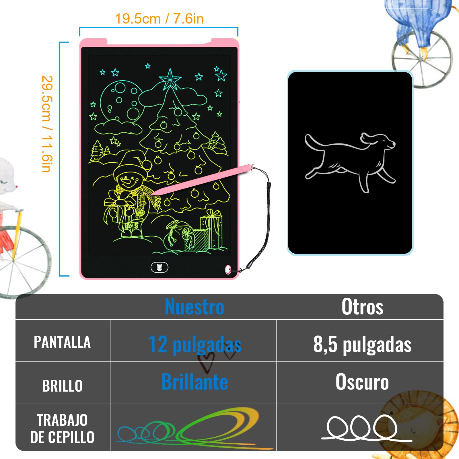 Electight Tablet Escritura LCD 12 Pulgadas 2 Packs Pantalla Colorido Infantil Juguetes Educativo Niños Borrable Bloqueo