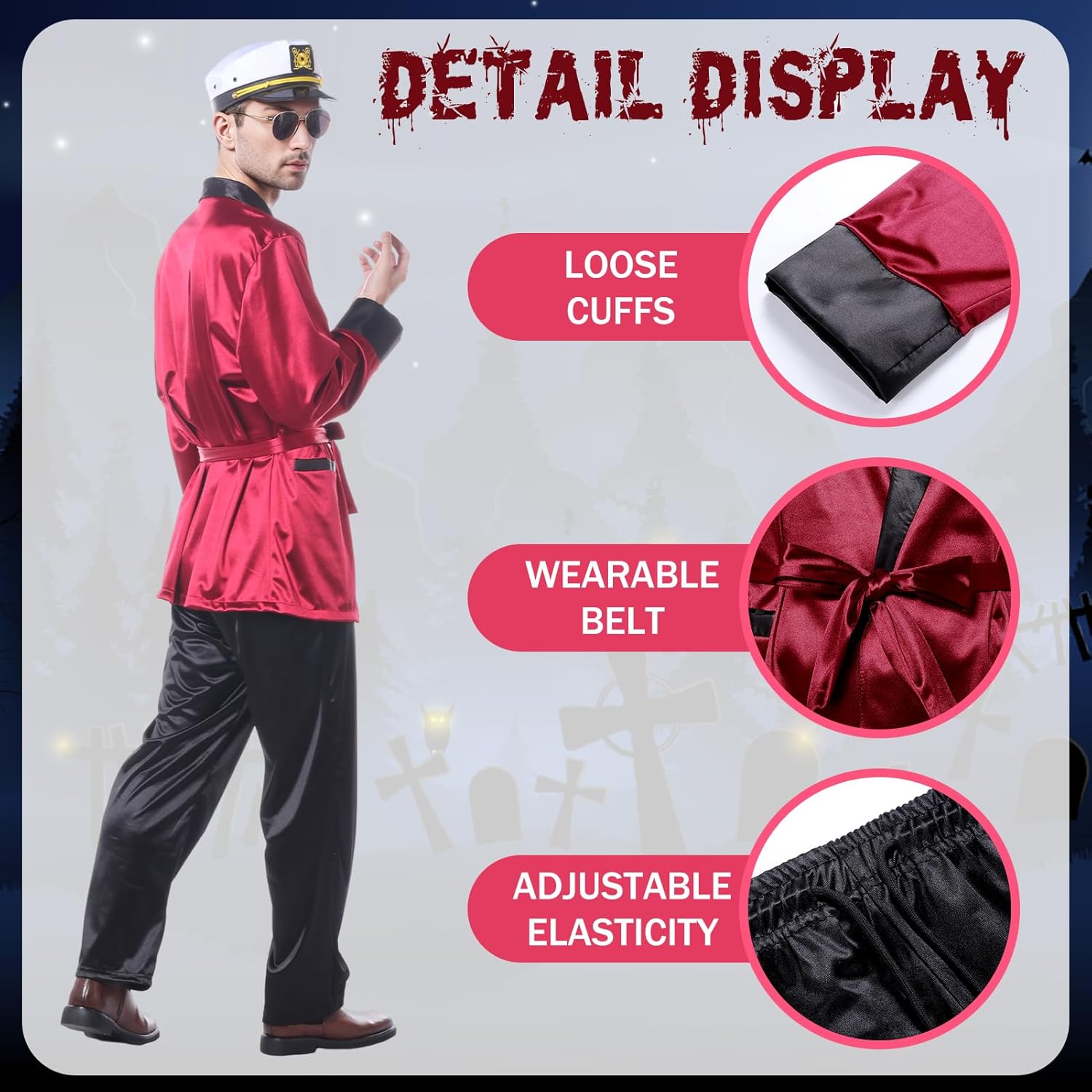 Red Silk Robe Jacket Halloween Couples Costumes With Black Pants Sunglasses Captain Hat Necklace for Men - Image 3