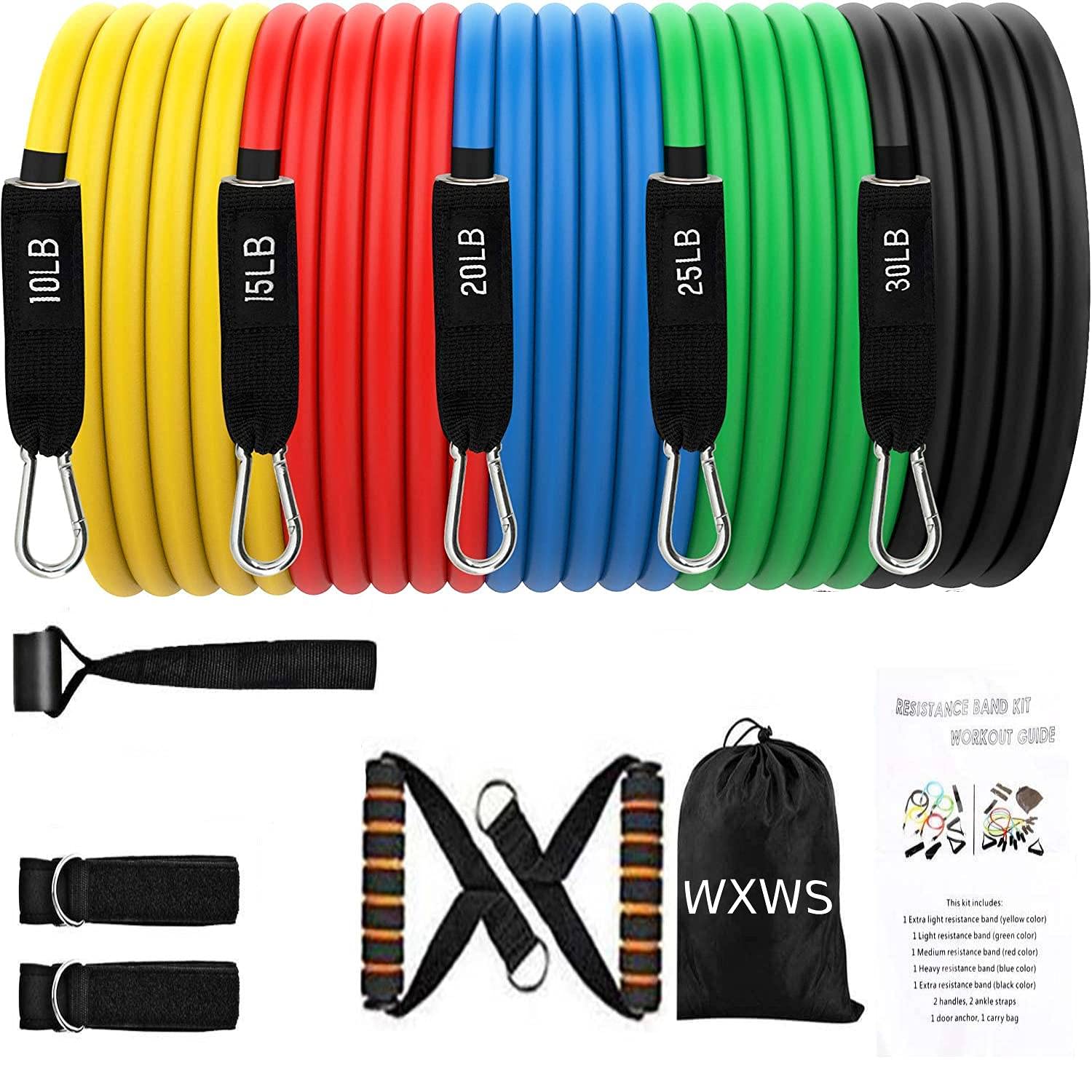 WXWS Resistance Bands for Men or Women – 11 Pcs Resistance Band Set with Door Anchor, Ankle Straps, Handles and Carry Bag – Exercise Bands for Stretching, Gym or Home Workout