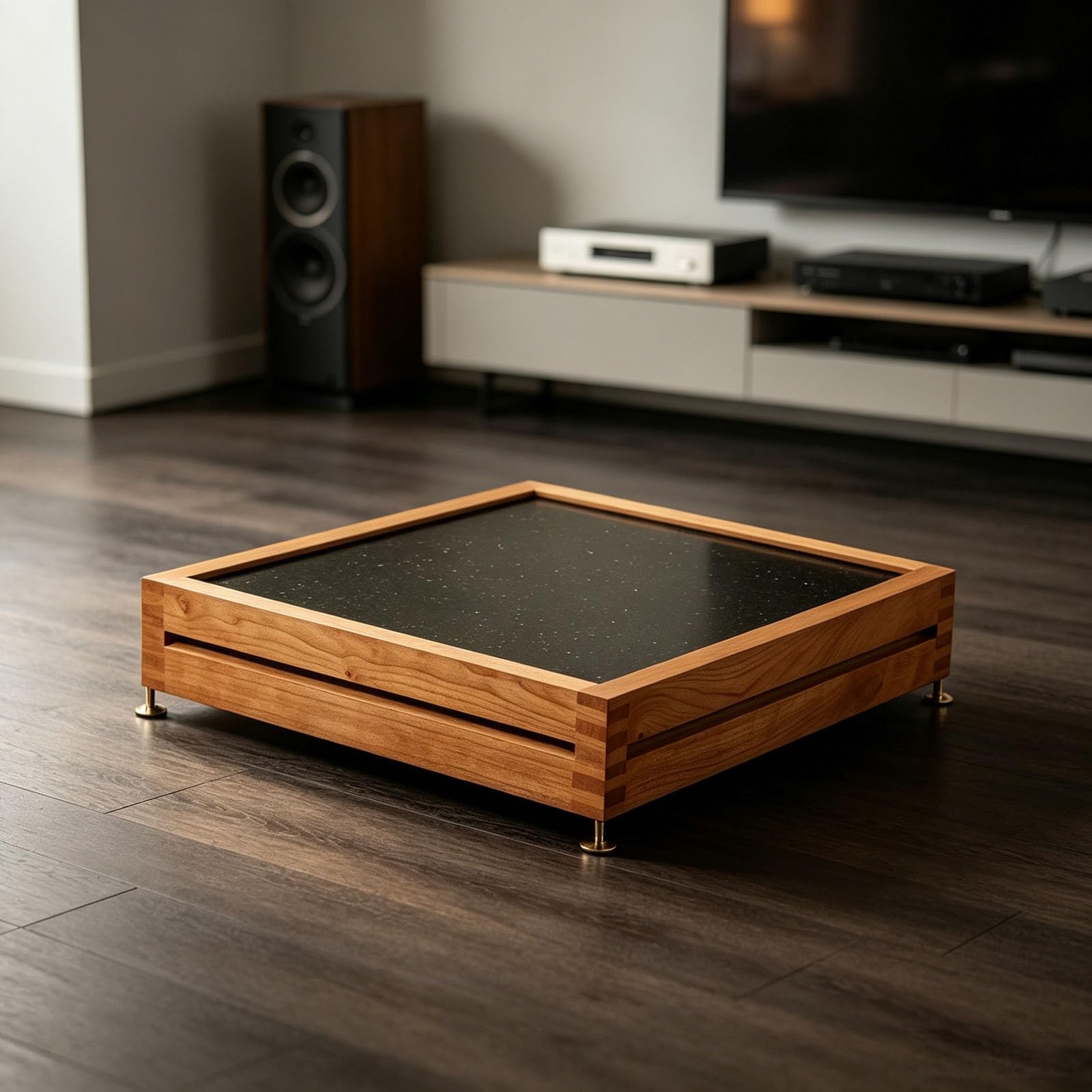 Mueble tocadiscos de madera maciza con ensamble tradicional para equipos de audio de alta gama