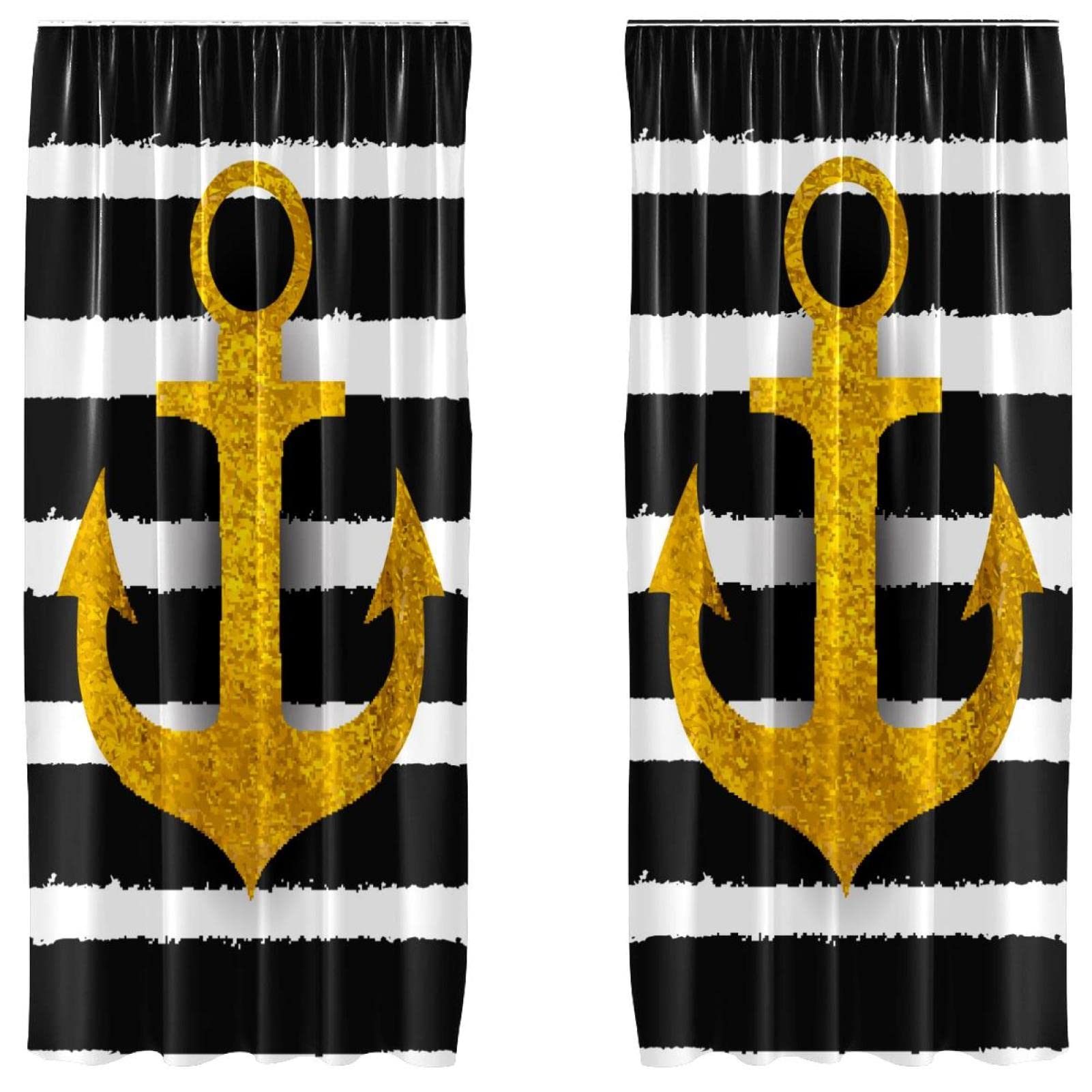 Cortinas para salones oscuros o sin vida con estampado de rayas y ancla dorada