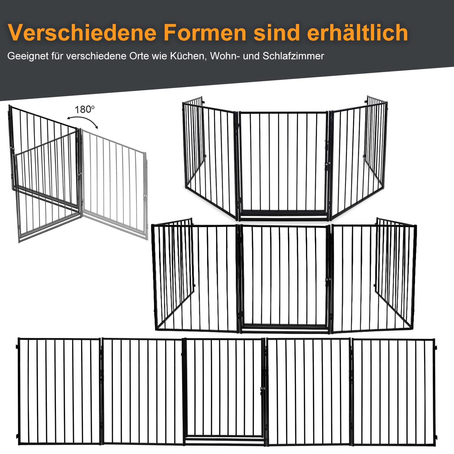 Kaminschutzgitter mit Tür Metall 304 cm | Kamingitter Absperrgitter faltbar | Tierschutzgitter | Türschutzgitter für Kinder-Sicherung | 5-teilig Elemente (je 60 x 76 cm) Schwarz