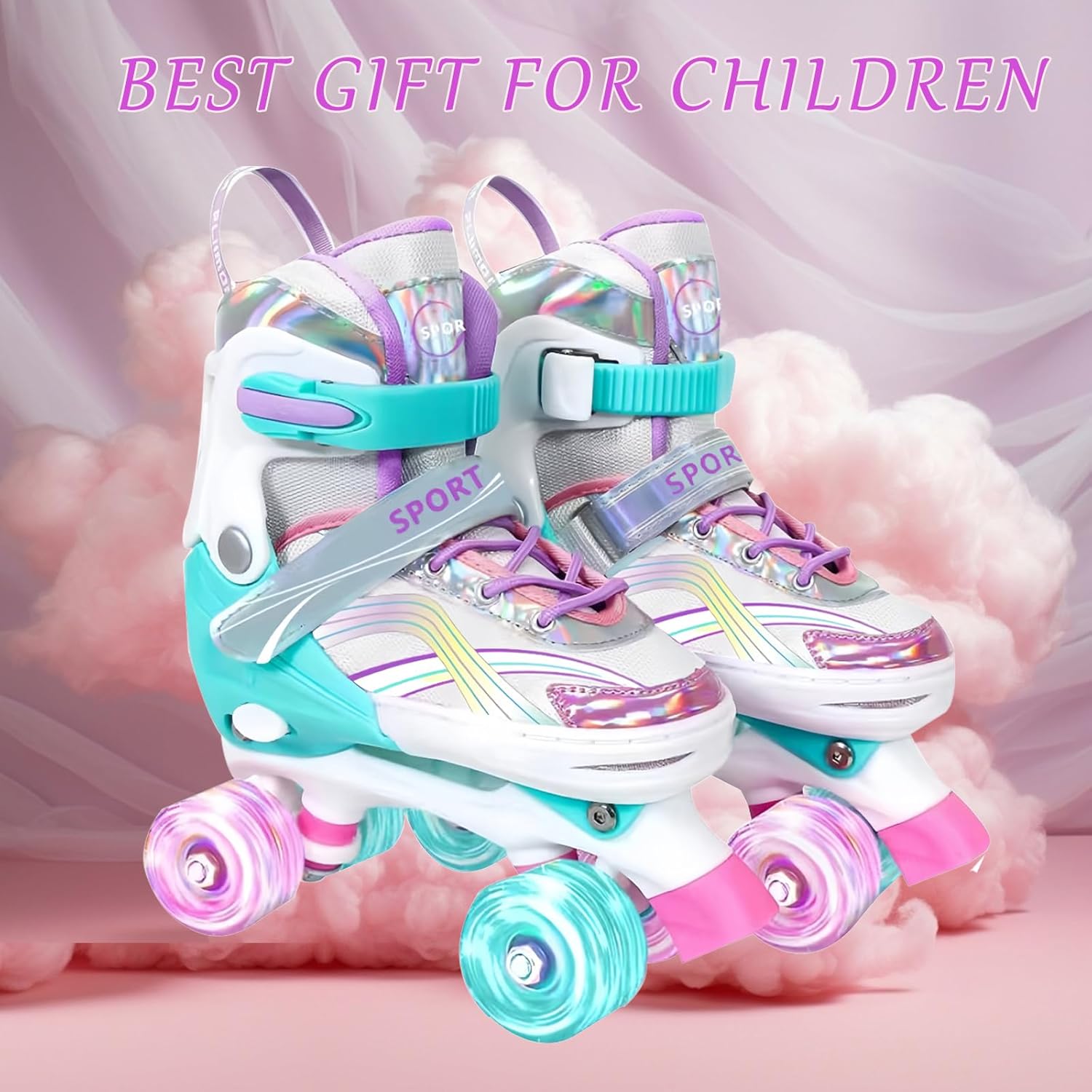 Adjustable Roller Skates for Boys Girls Ages 3-12, All 8 Wheels of Roller Skates Light Up with Protective Gear Set Gift for Youth Kids Indoor & Outdoor Beginners