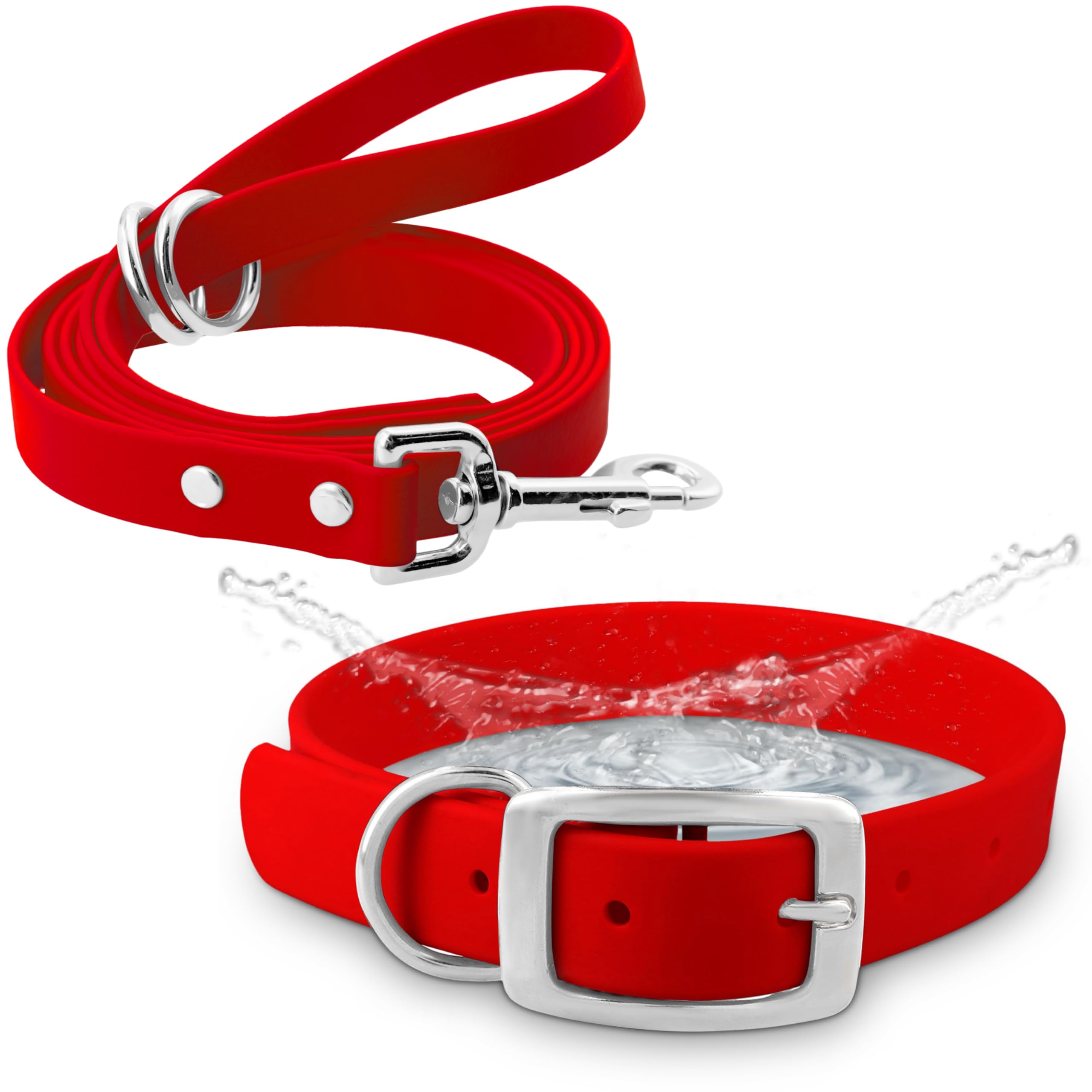 Regal Dog Products Medium Red Waterproof Dog Collar and Leash Set | Heavy Duty Double Buckle & D Ring - 5'ft Leash | Adjustable Biothane Dog Collar |