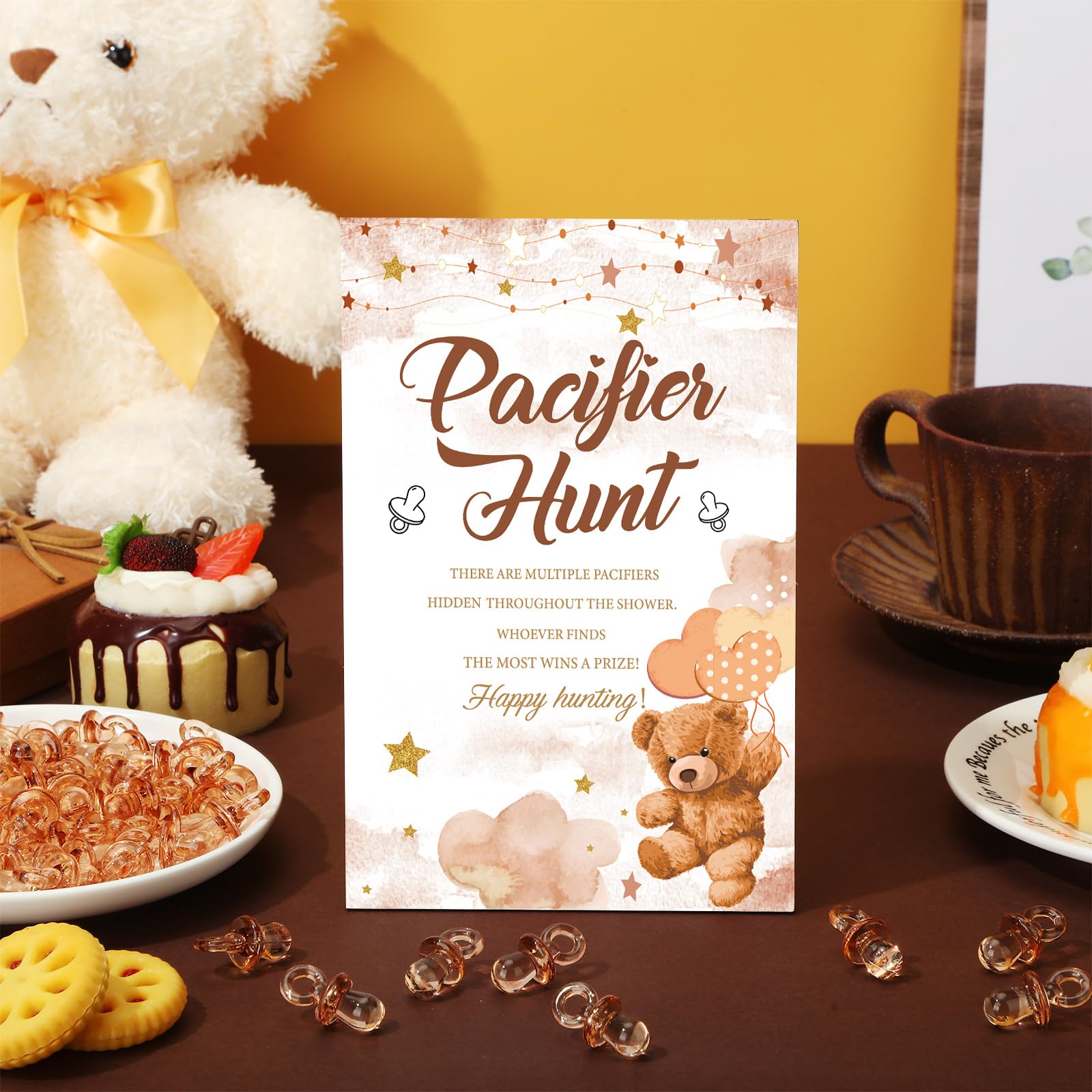 Thyle 51 juegos de caza de chupetes para baby shower, incluye letrero de caza de chupetes y 50 chupetes acrílicos para decoración de juegos de baby shower, juegos de regalo, decoración de fiesta de