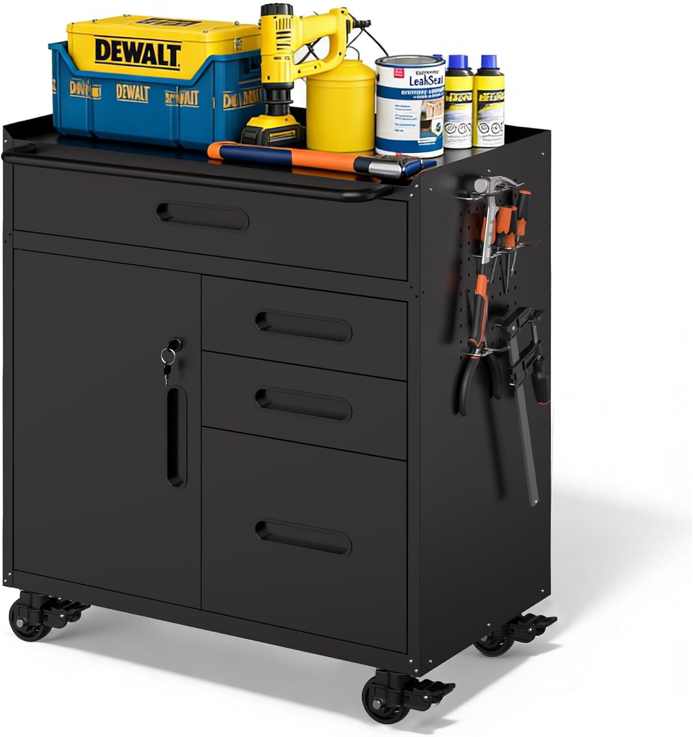 BIZOEIRON Heavy Duty Rolling Tool Cabinet: Metal Garage Storage with 4 Drawers, Lockable Door, Workbench Top & Locking Wheels - Black