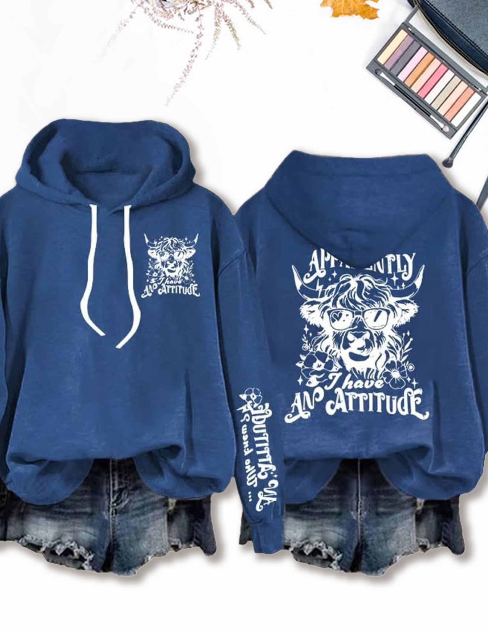 HTU Apparently I Have An Attitude Langarm-Hoodie, doppelseitig Bedruckt, mit Kapuze, süßes Highland-Kuh-Oberteil, stilvolles Kuh-Sweatshirt, modischer Tierpullover