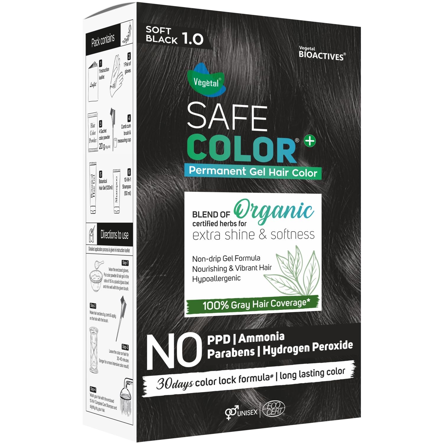 Vegetal Safe Color+ Organic Permanent Gel Hair Color, Soft Black 1.0, No Ammonia, Made with Natural Herbs, 100% Gray Coverage, 30-Day Color Lock 70 ml