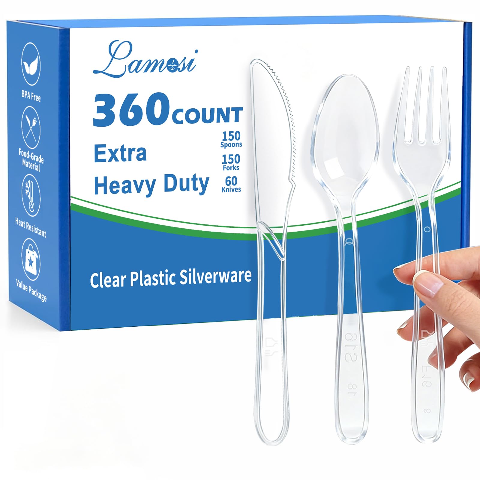 Lamosi 360 Count Extra Heavy Duty Clear Plastic Forks, Spoons, Knives