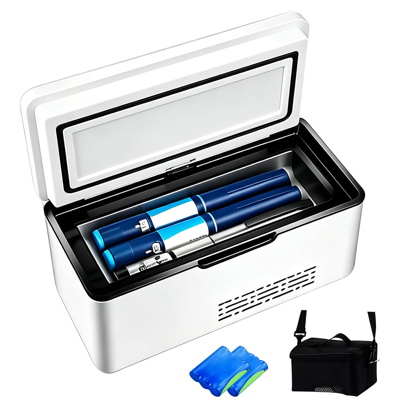 Tragbare Insulin Kühlbox, 2–8 °C aktiver Kühlung, Medizin kühlschrank mit 2×10200 mAh Akku und Tragetasche, Intelligente Akku-Warnung, Insulin Kühltasche für Zuhause, Auto & Reisen