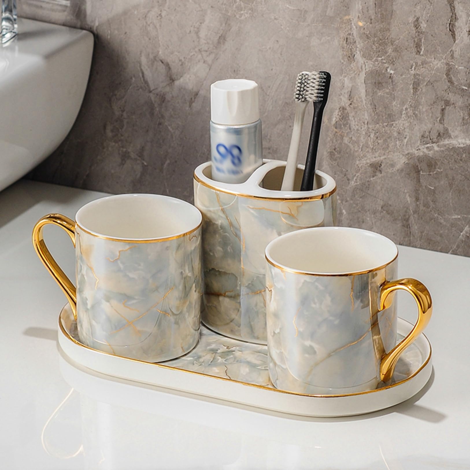 Ceramic Bathroom Accessory Set, For Hotels, Bathroom Tumbler, Dispenser, Soap Dish, Toothbrush Stand, Marble Style, Premium, Home Use, Ceramic, Washroom, Bathroom, Toilet, Gift, Move In, Housewarming onesize 4 Piece Set: C