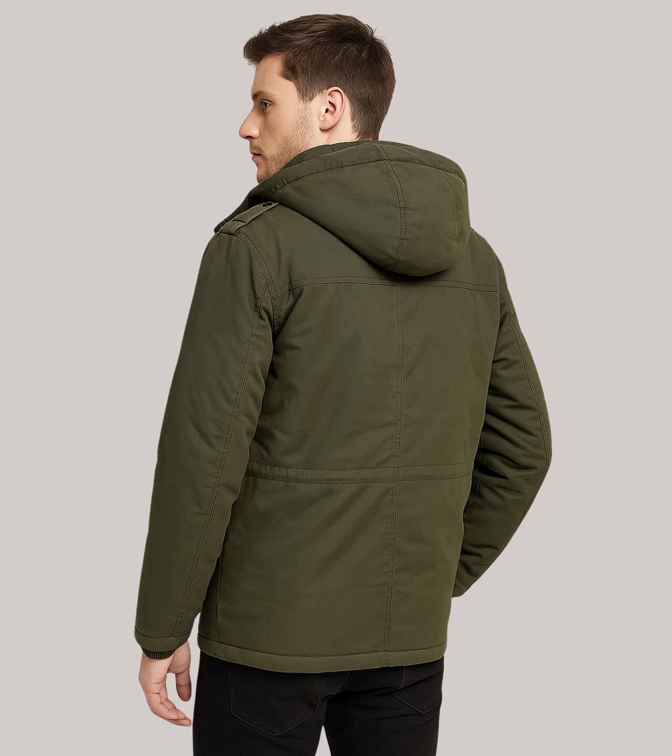 L'MONTE Men's Heavy-Duty Long Length Winter Jacket Cotton Outdoor Coat with Fleece Lining, Detachable Hood, and Multi-Pockets Warm, Windproof & Stylish for Cold Weather (3XL, Army Green) 2