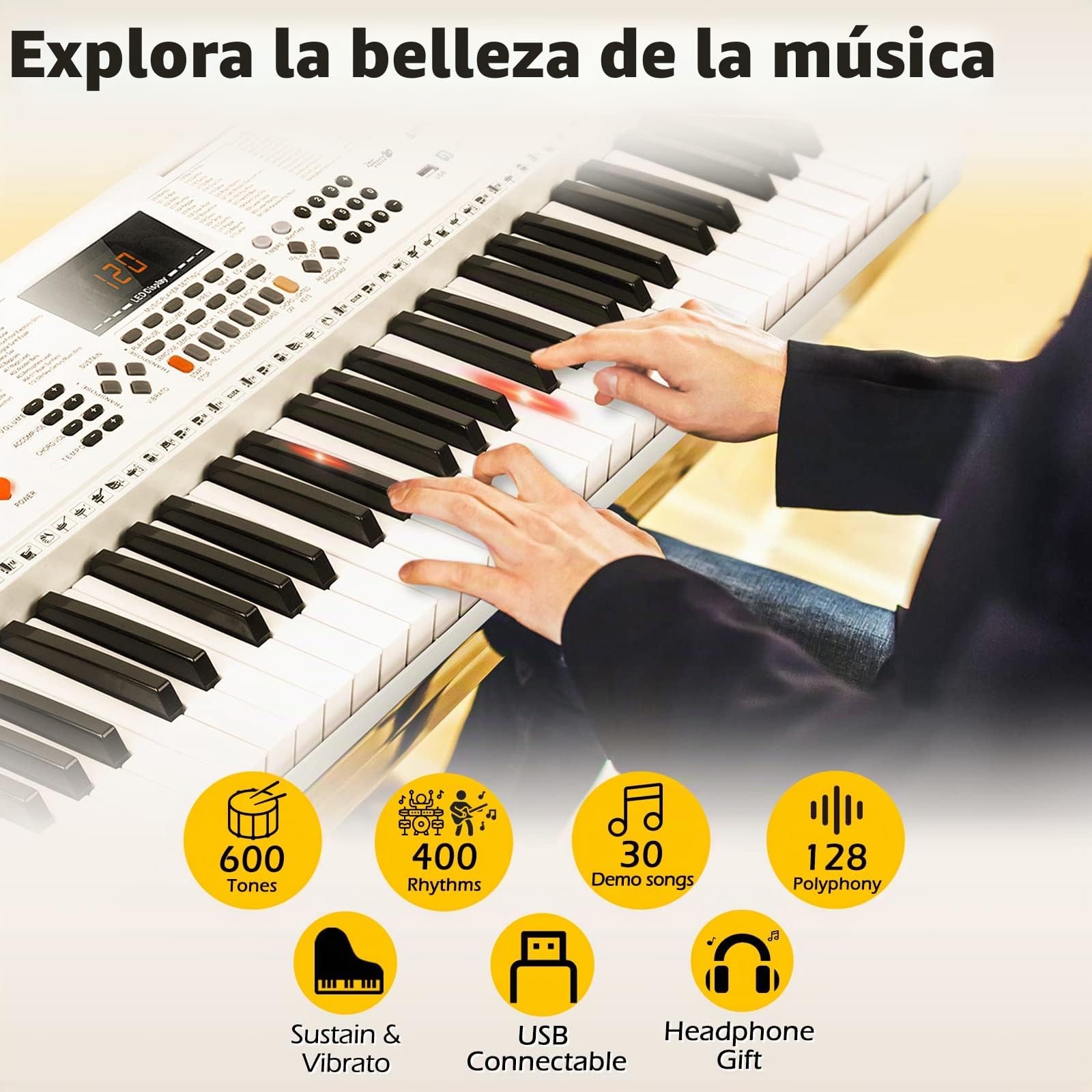 Vangoa Teclado de Piano 61 Teclas Iluminadas Enseñando Electrónicos Teclado Musical con Soporte, Micrófono, 600 timbres, 400 ritmos, 30 demos, Blanco