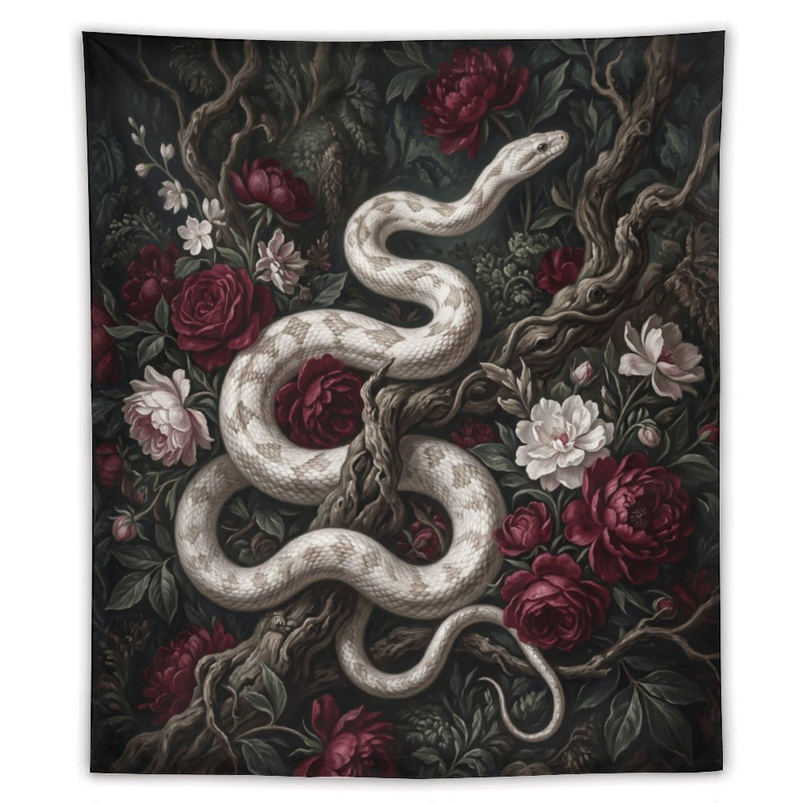 H3B8U2Y5 White Snake Floral Garden Wall Tapestry, Realistic Illustration