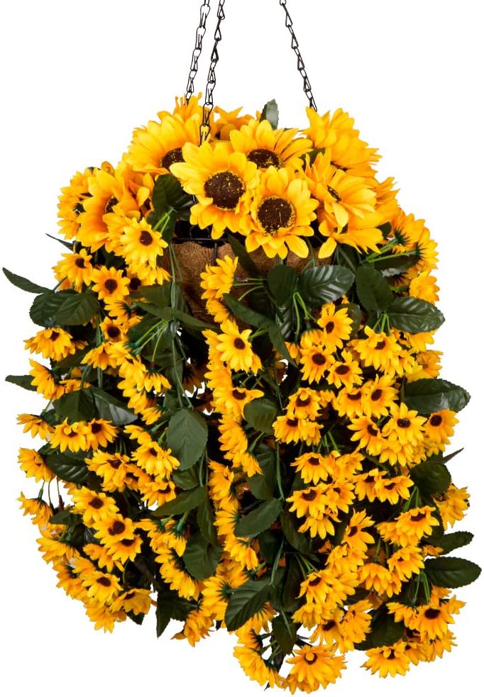 Mixiflor Hanging Flowers Basket, Artificial Hanging Sunflowers for Home Balcony Living Room Wedding Decoration Sunflower Artificial Hanging Basket with Chain Flowerpot