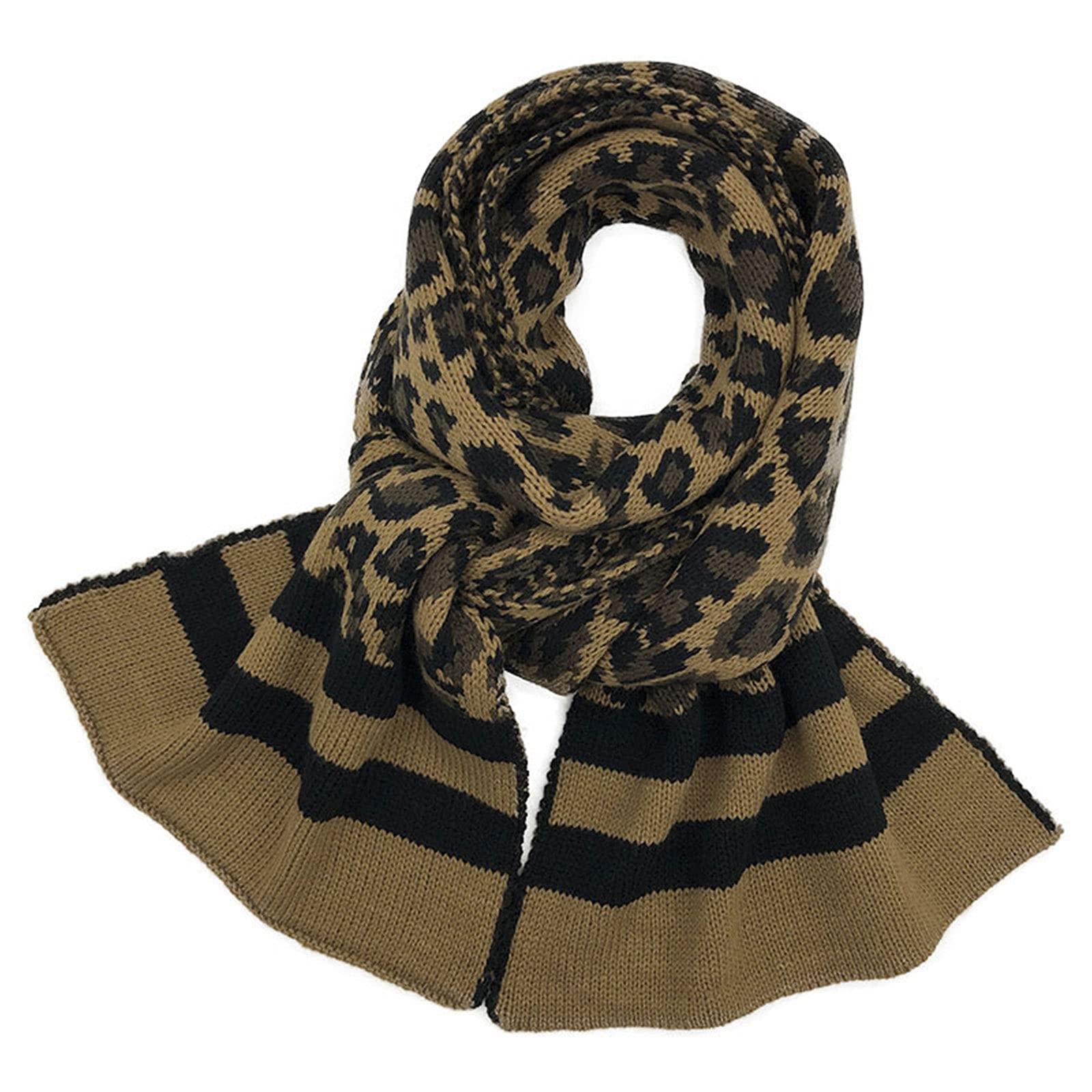 Wygwlg Winter Strickmütze Handschuhe Schal Set, 3 teilig Winter Strickset Leopard Print Warme Mütze Mütze Schal und Handschuhe Damen Mädchen (Color : Brown, Size : 400g)