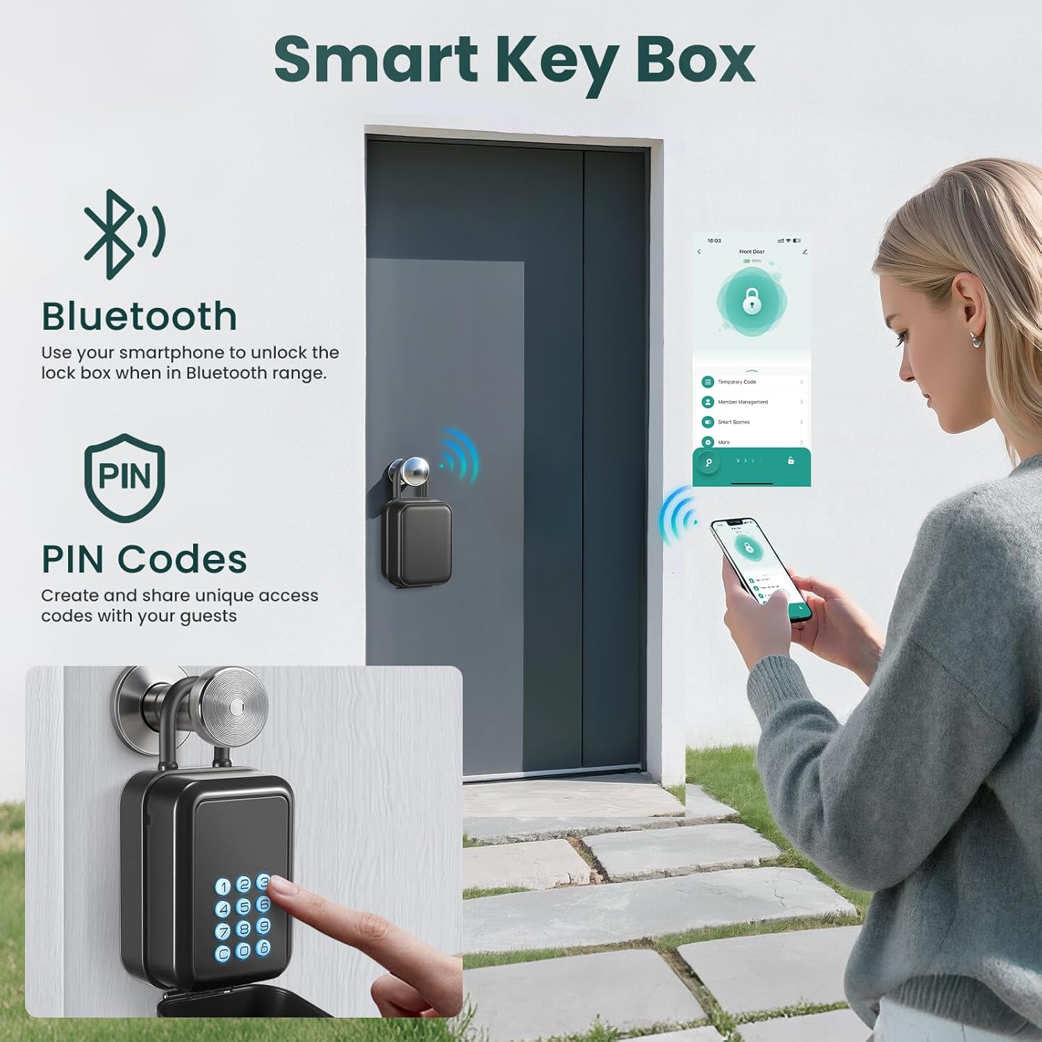 Smart Key Lock Box Electronic Bluetooth Lock Box with Tuya APP Control & PIN Code Types,Share eKey Lock Box for Airbnb Realtor House Office with Removable Shackle(Black)